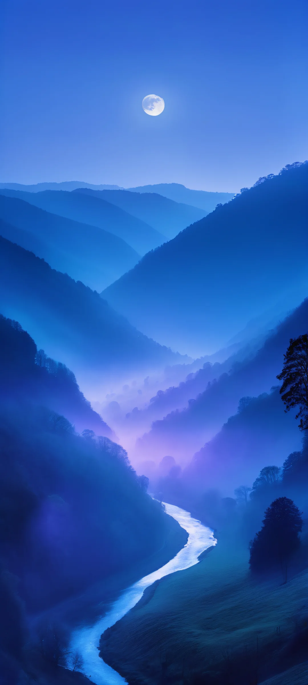 Moonlit Valley Dreamscape Lock Screen for iOS & Android iPhone and Android users can experience the mystical allure of Valley Village on a misty morning with this breathtaking mobile wallpaper. Features deep blues and purples, subtle film grain, and camera imperfections.