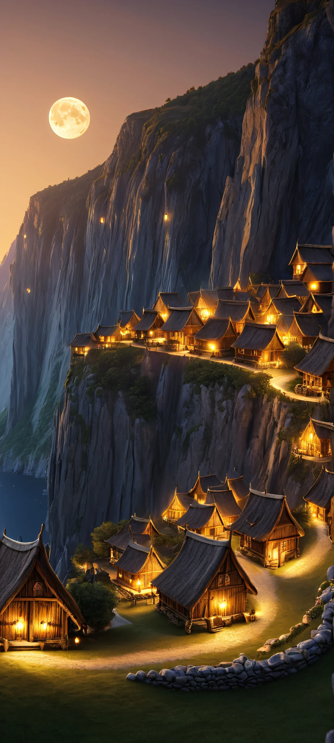 A serene and majestic scene of a Viking village lit up by the soft glow of the moon on a cliffside, perfect for iPhone or Android home screens.