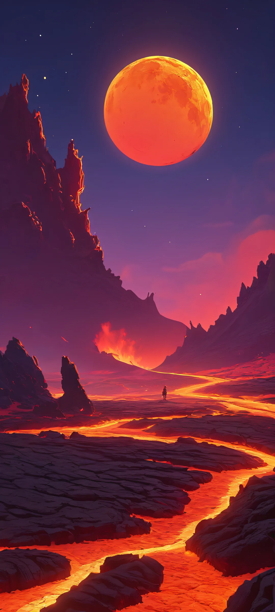 iPhone and Android users, behold this stunning vertical wallpaper of a wanderer amidst a vibrant moonslit landscape on a lava plateau, concept art masterpiece
