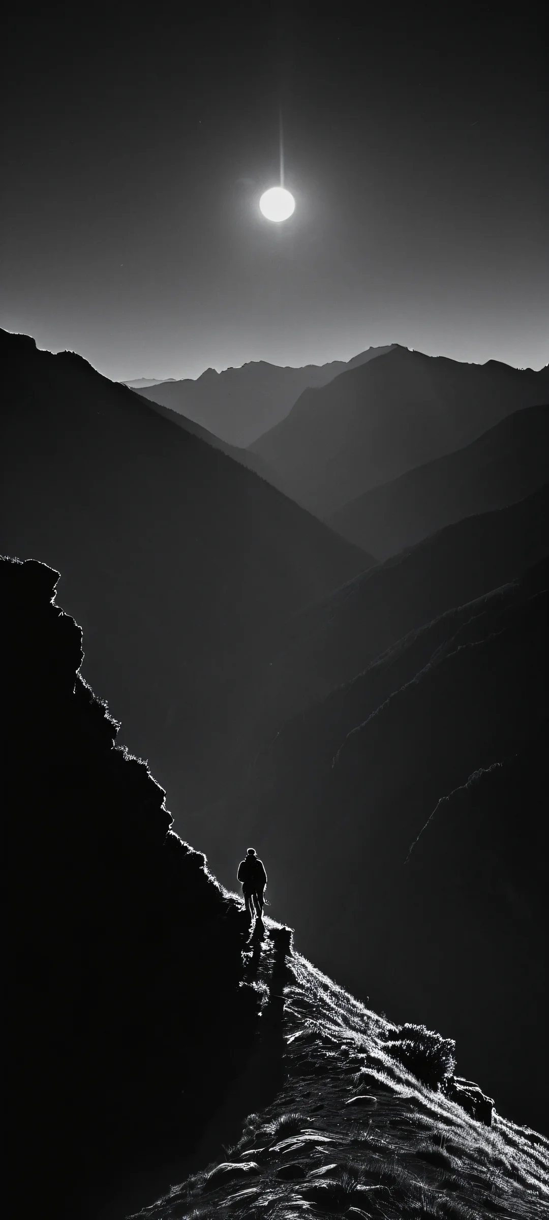 Lone Wanderer under the moonlit dark mountains, iPhone and Android compatible