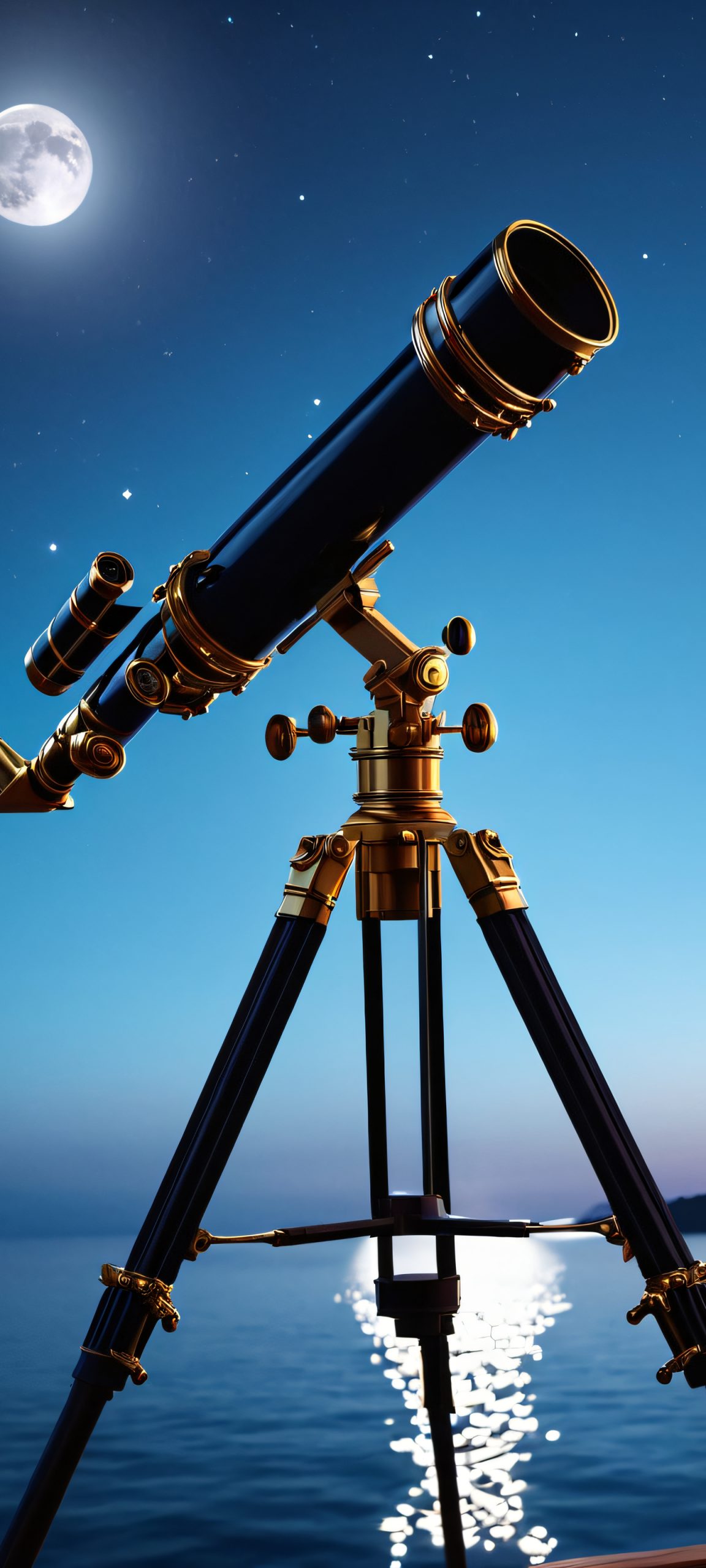 Stunning moonlit waterfront scene featuring a telescope, perfect for iPhone and Android home screens
