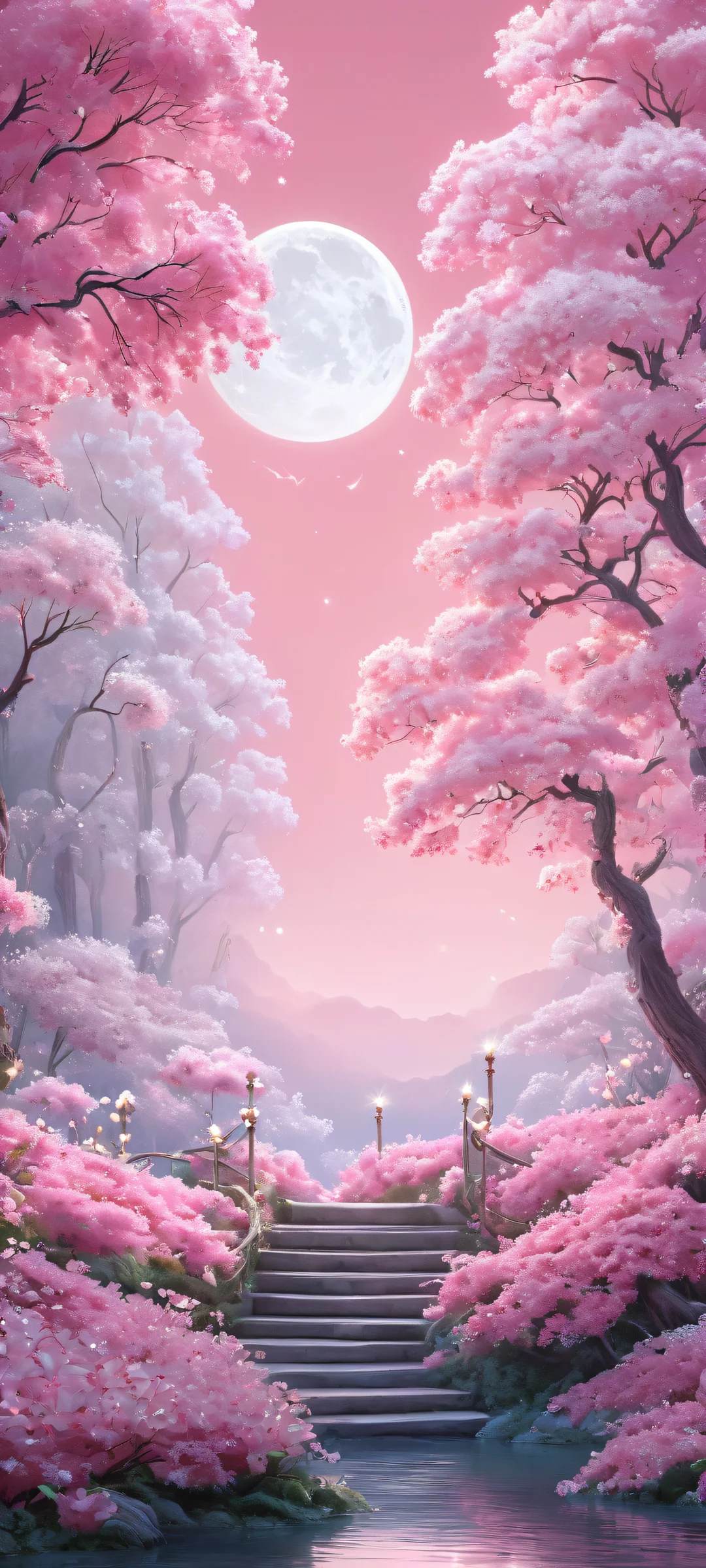 Enchanted forest scene at night on iPhone/Android. Pastel pink and soft white hues add a touch of magic.