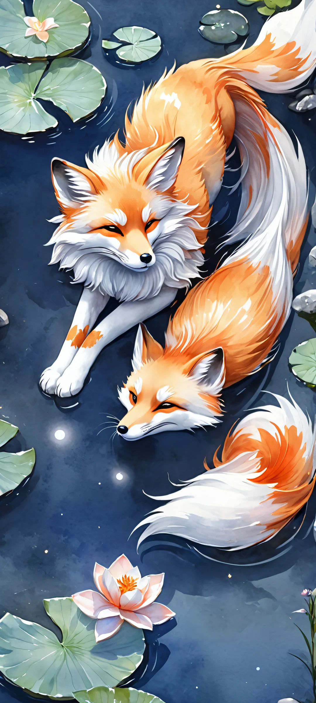 A serene mobile wallpaper featuring a Kitsune Fox Spirit surrounded by the tranquil beauty of a moonlit garden and koi pond.