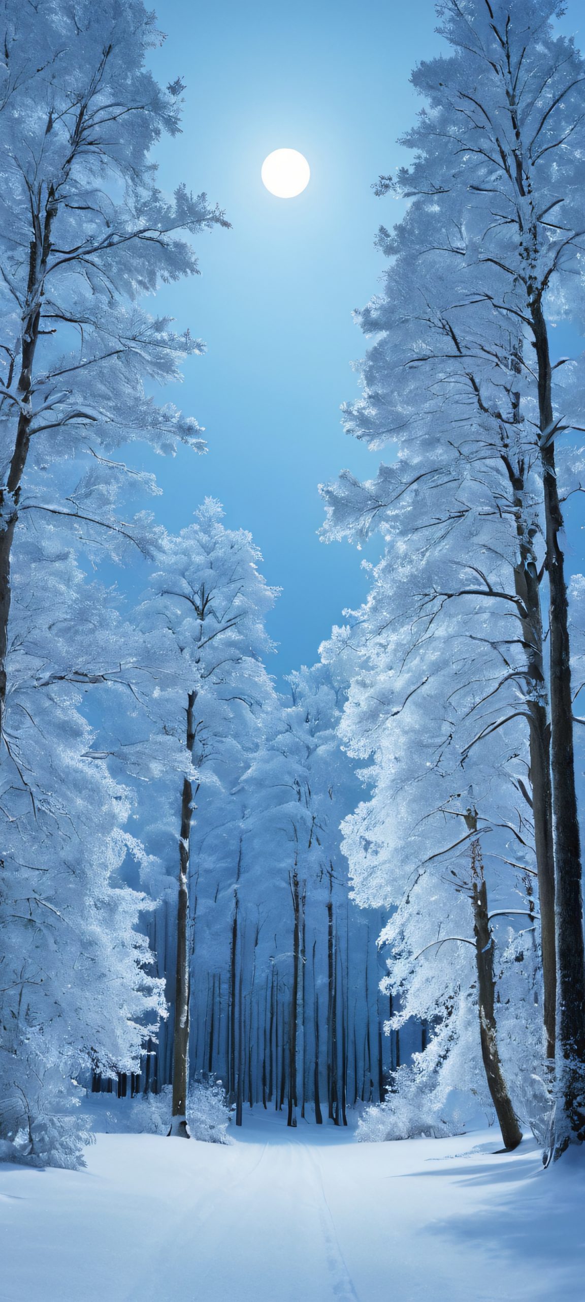 Moonlit Winter Woods 2K QHD Mobile Wallpaper A serene moonlit night scene of snowy trees in a winter forest, perfect for iPhone and Android home screens.