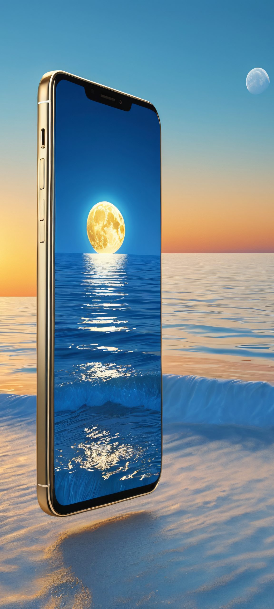 iPhone and Android wallpaper featuring a breathtaking moonrise over a coastal landscape with surreal, golden hues and creamy, blue, and silver tones.