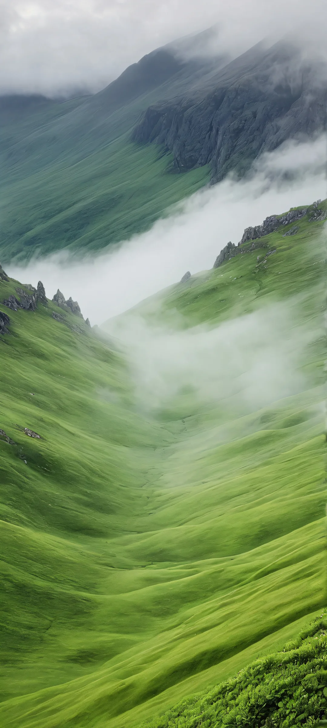 A majestic highlands scene with fog rolling in, creating a dramatic mood. Perfect for iPhone and Android home screens.