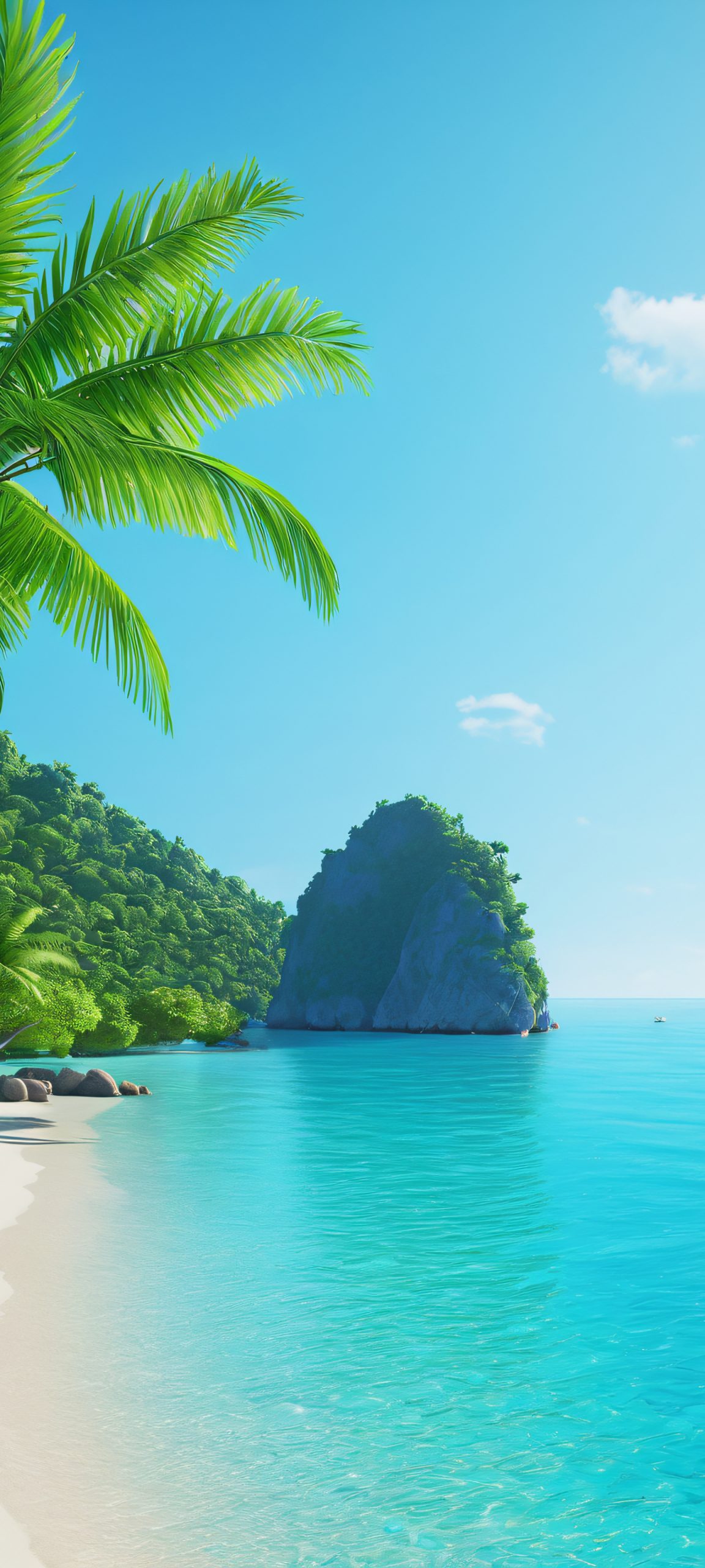 A serene tropical morning scene on an iPhone/Android, featuring a stunning coastline with gentle waves and lush greenery.