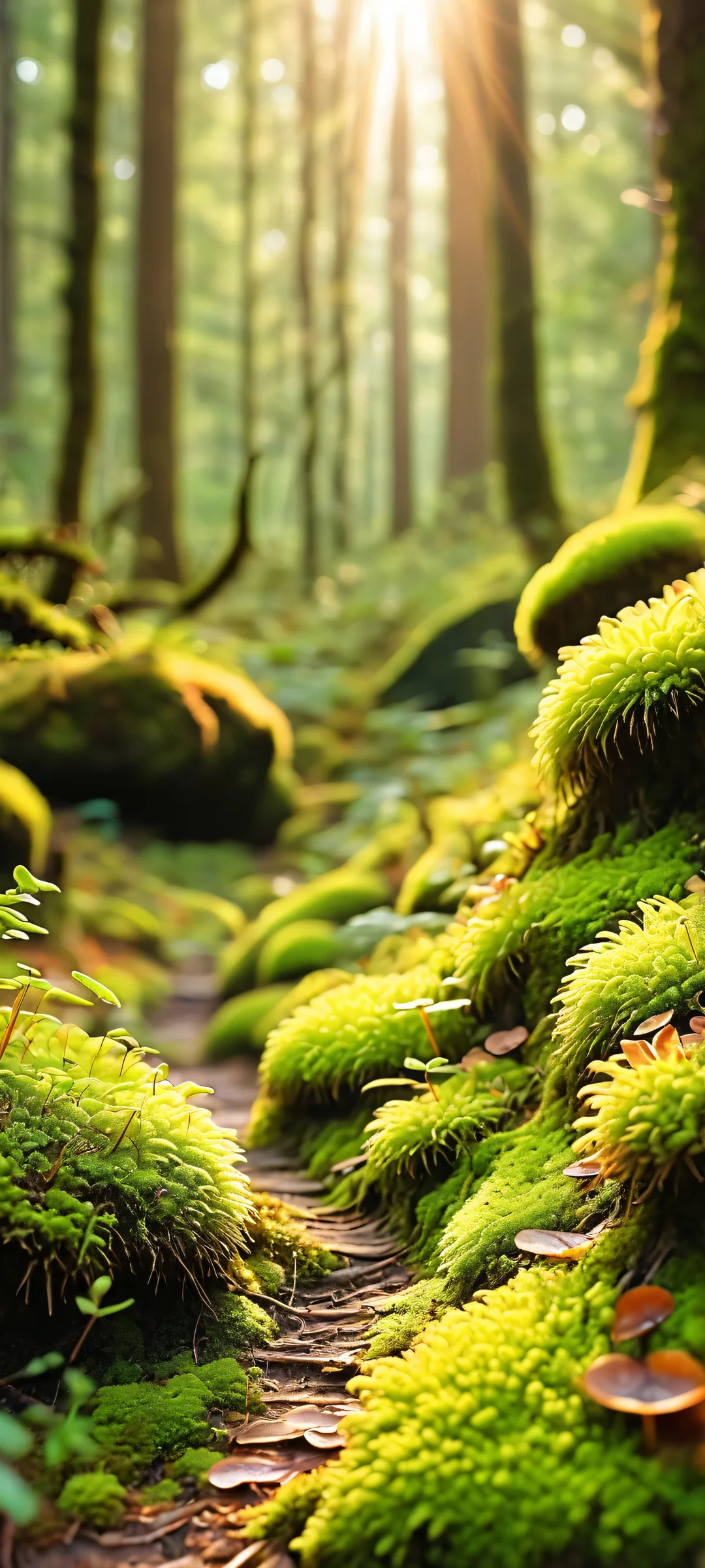 A serene iPhone/Android wallpaper featuring a lush forest floor covered in moss and fungi, bathed in soft sunbeams.
