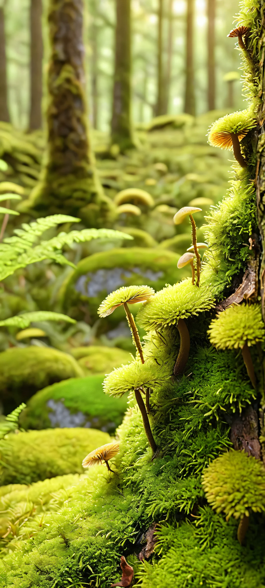 Breathtaking mobile wallpaper featuring moss and fungi thriving amidst ancient tree trunks. Perfectly suited for iPhone/Android home screens.