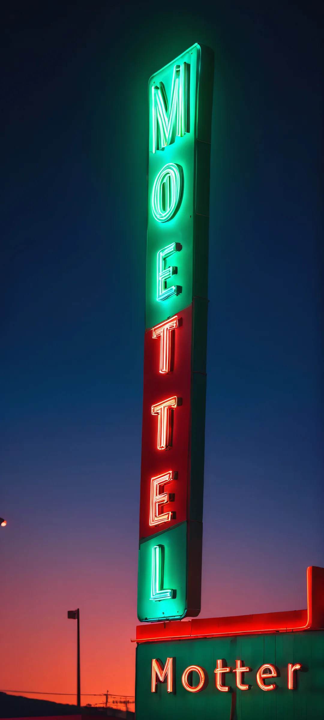 A neon motel sign glowing brightly against a dark night sky, perfectly optimized for iPhone and Android devices.