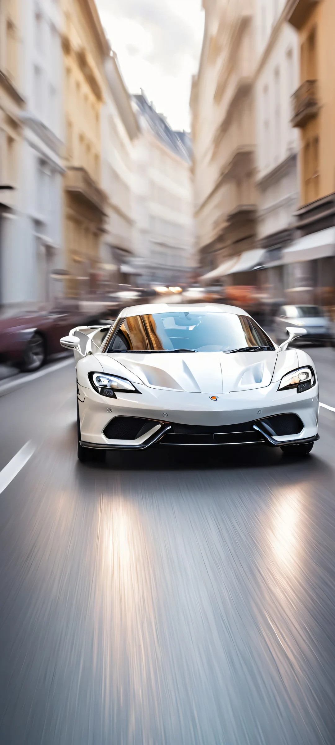 A fast-moving vehicle speeding down a busy street with a blurred background and a hint of daylight. Perfect for iPhone/Android home screens.