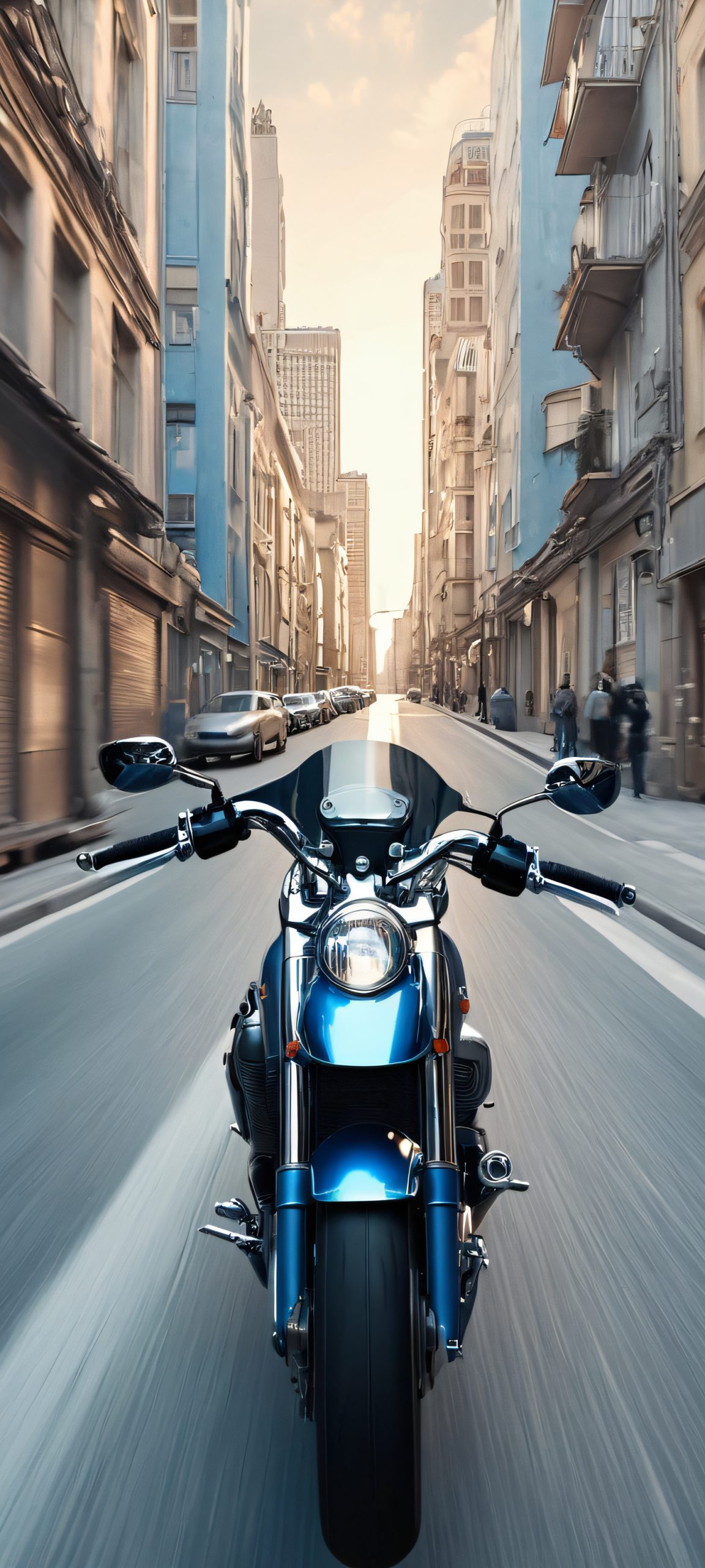 Motorcyclist speeding down a city street in daylight, perfect for iPhone and Android home screens