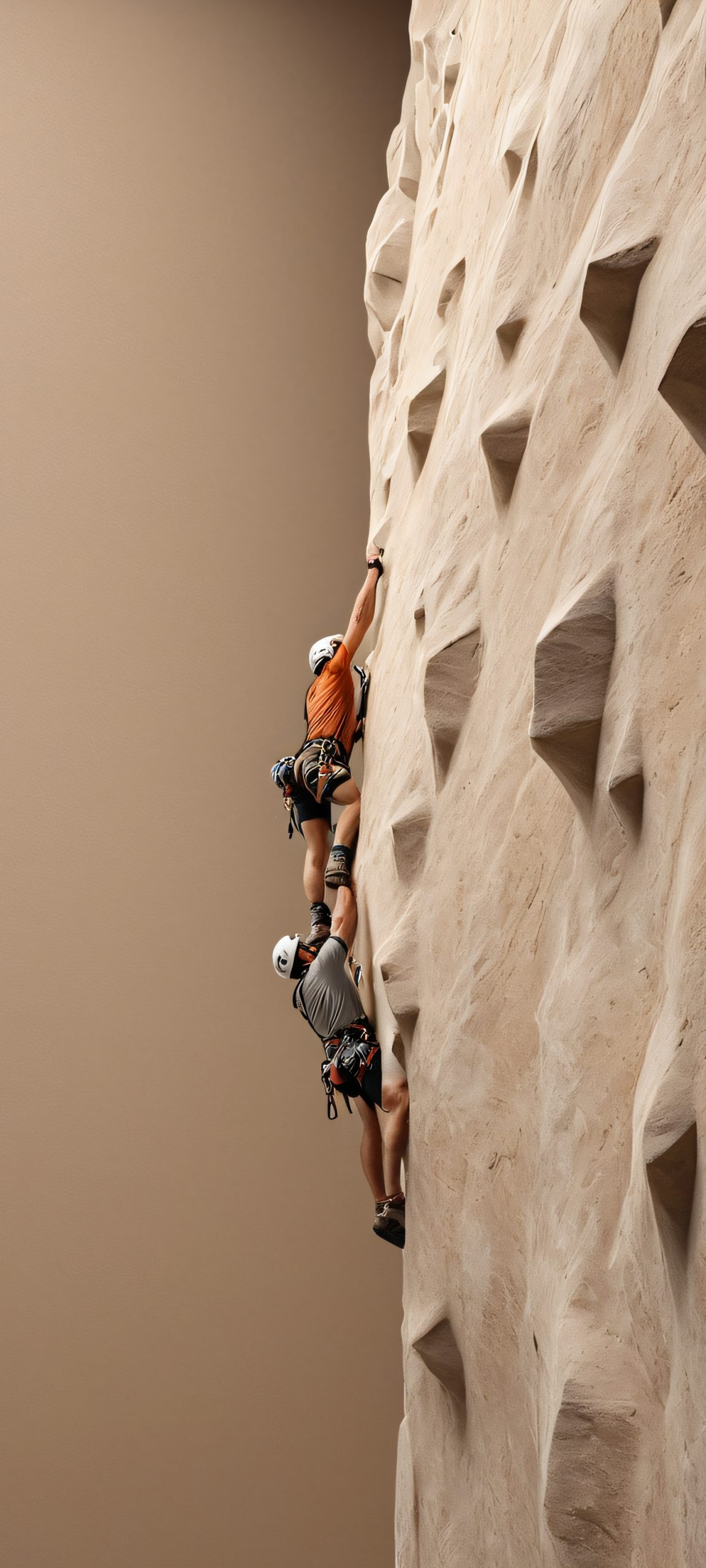 A majestic iPhone and Android wallpaper featuring a climber's ascent up a realistic, soft-brown mountain, perfectly optimized for your mobile home screen.