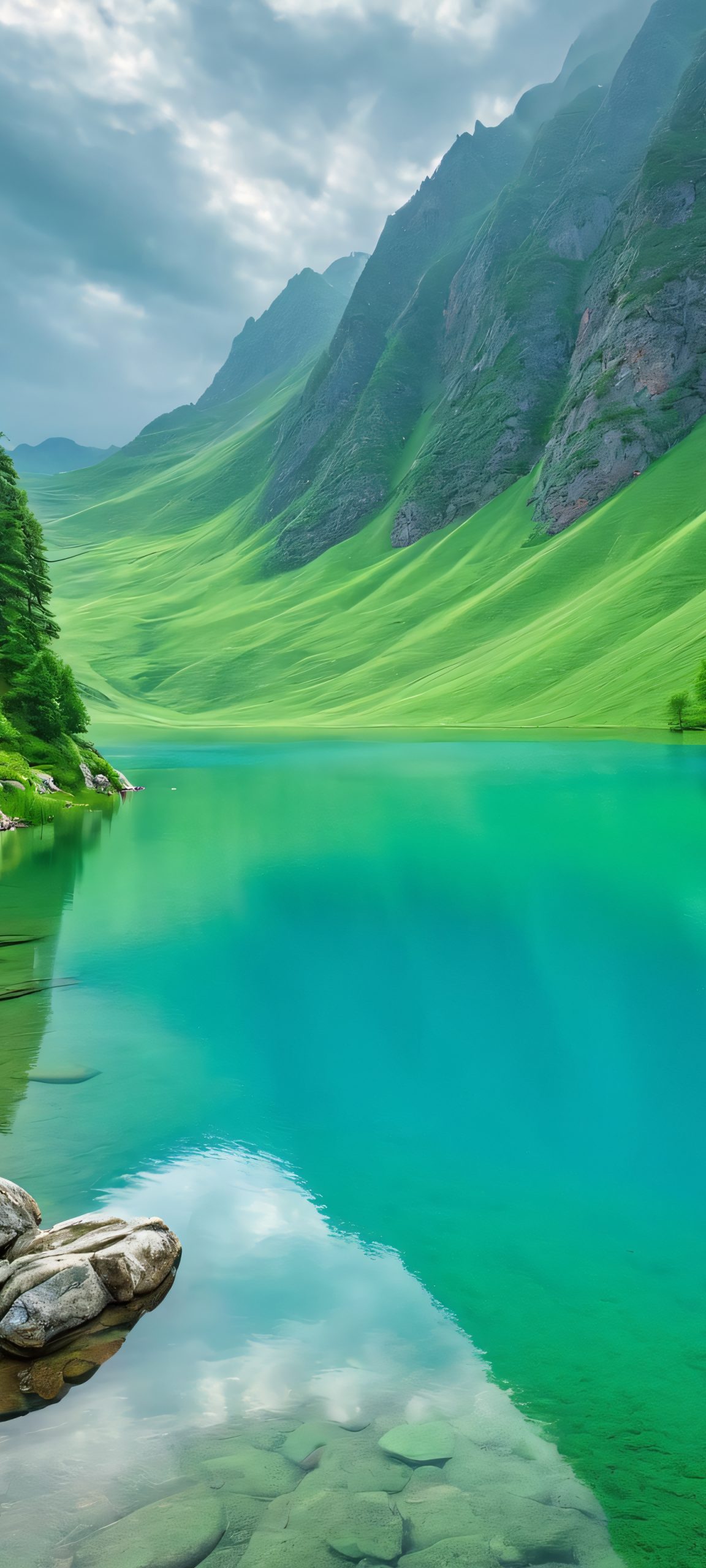 Breathtaking vertical mobile phone wallpaper of a calm mountain lake, perfect for iPhone and Android home screens.