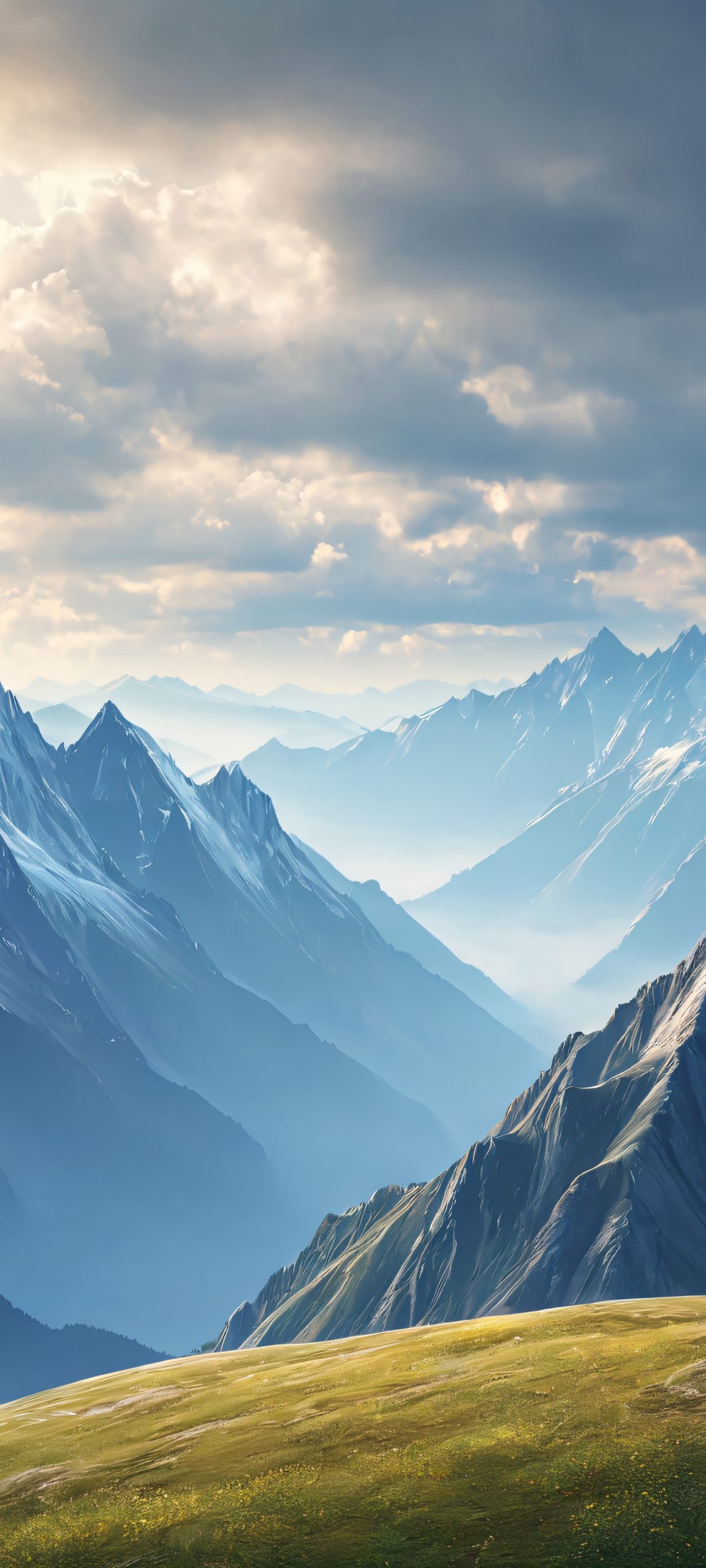 Breathtaking mountain range landscape on iPhone or Android, with soft overcast skies and earth tones.