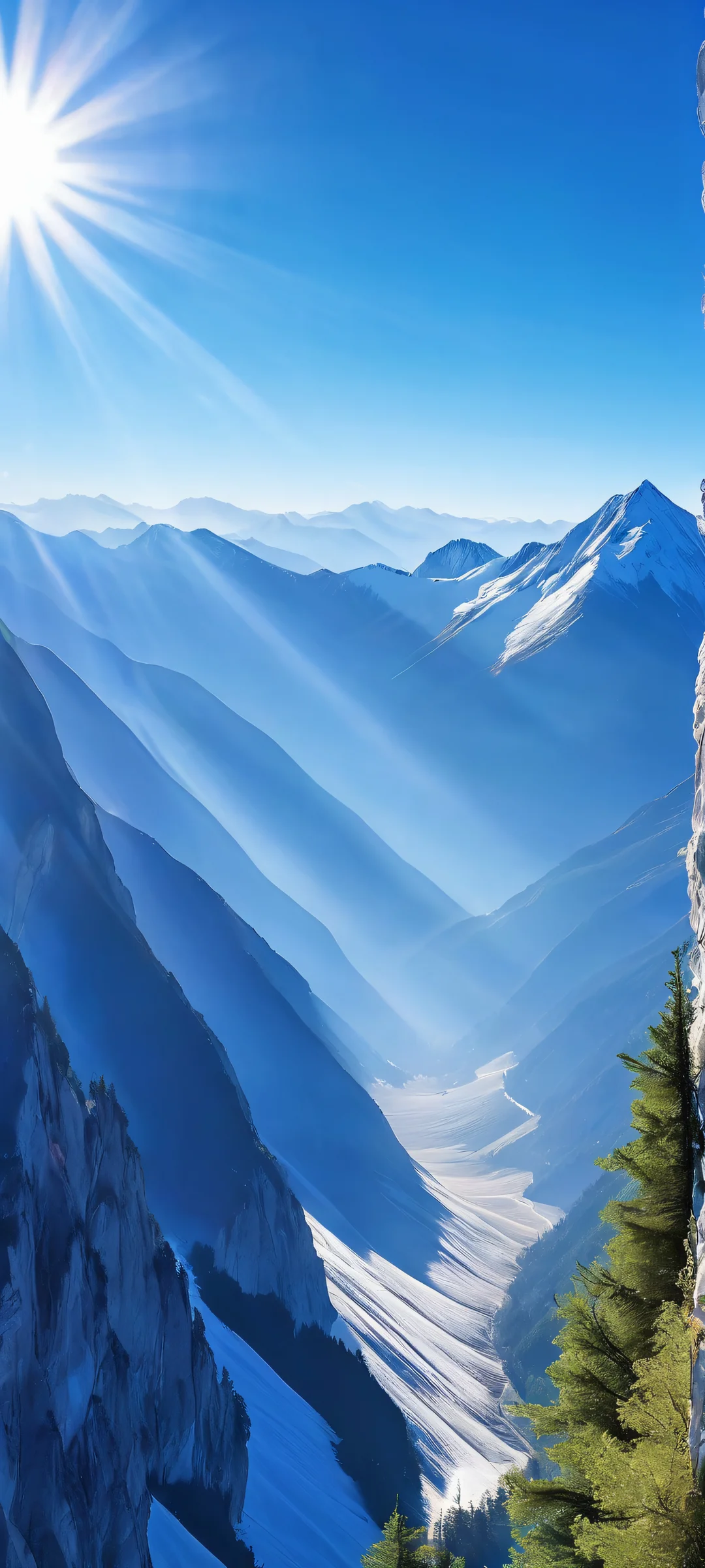 Breathtaking mountain landscape with sunlight casting a warm glow on the snow-capped peaks - perfect for iPhone/Android home screens.