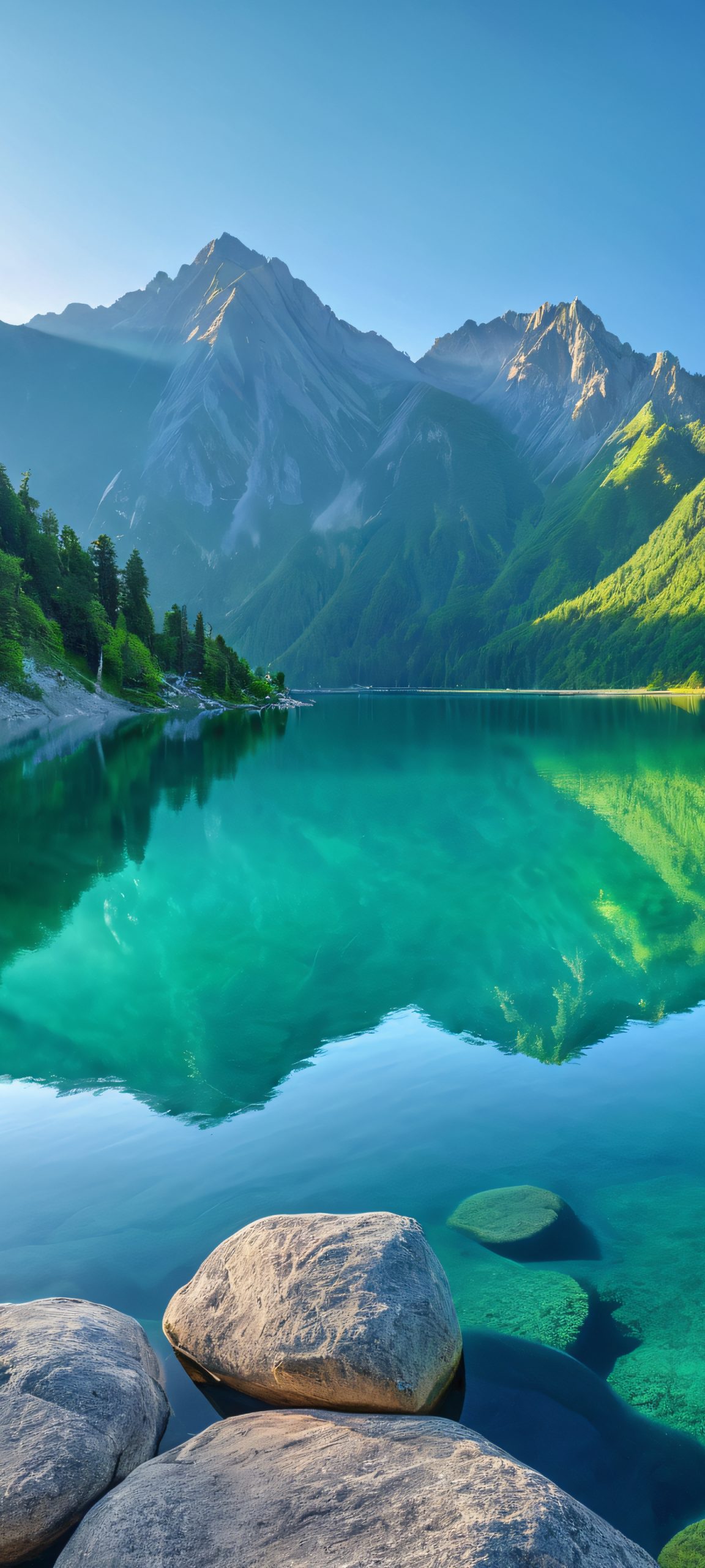 Breathtaking vertical mobile phone wallpaper of a mountain reflection on a lake, featuring soft glow and realistic details. Perfect for iPhone and Android home screens.