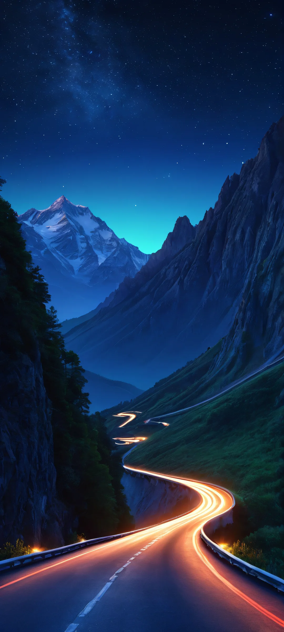 Breathtaking nighttime scenery of a winding mountain road, iPhone と Android のホーム画面に完全に最適化.