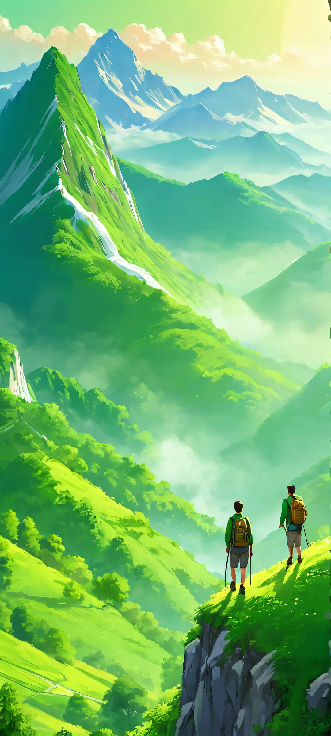Mountain Serenity 2K QHD Home Screen A serene digital painting of people surrounded by lush green mountains and a tranquil atmosphere. Perfect for iPhone/Android home screens.