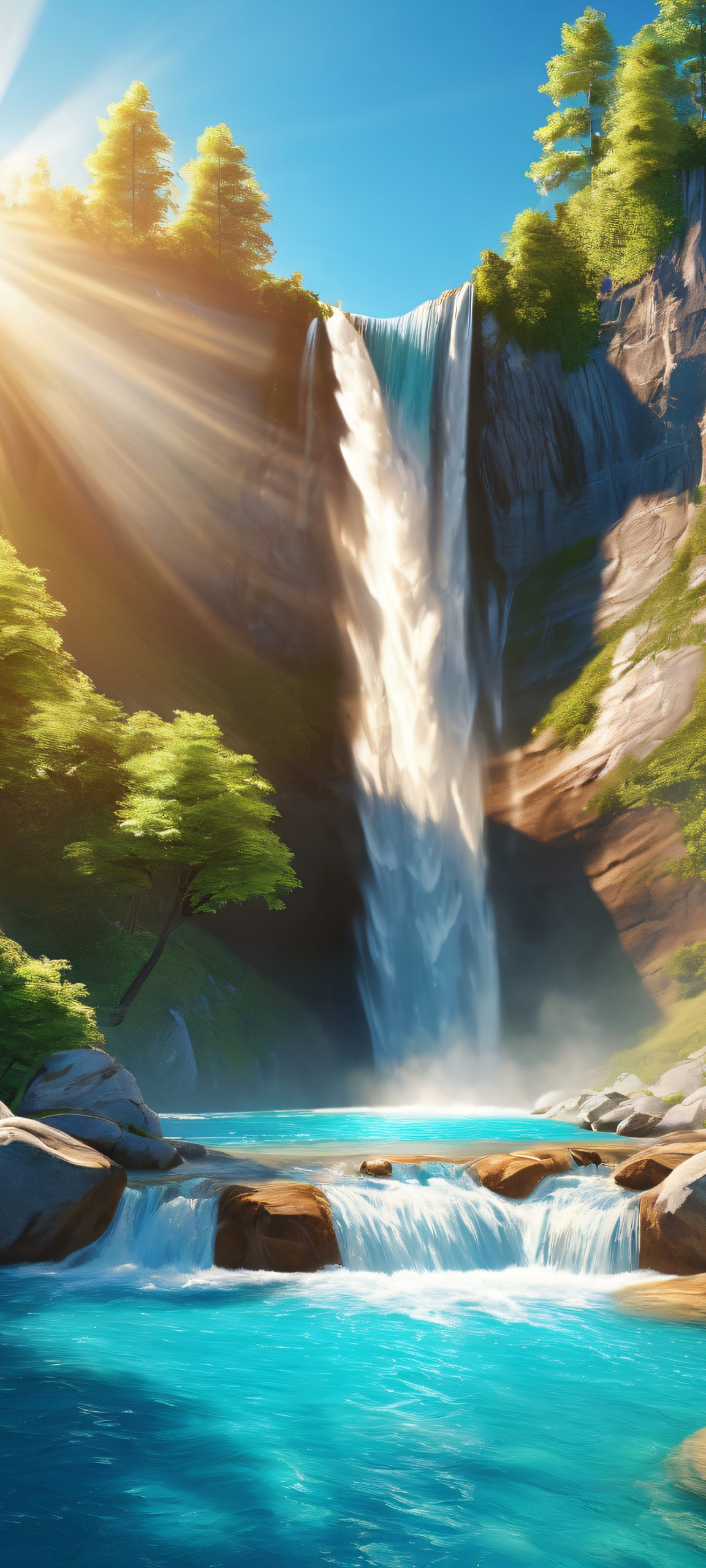 Mountain Waterfall Oasis QHD Phone Background iPhone and Android users, immerse yourself in the serene beauty of this stunning waterfall, nestled among the majestic mountainside, with warm earthy tones and a hint of sunny optimism.