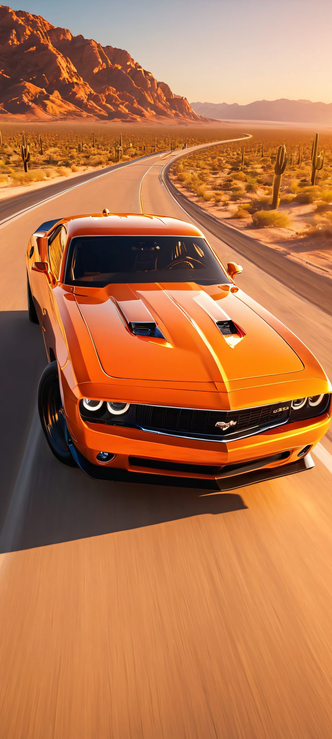 A majestic orange muscle car speeding down a desert highway at golden hour, perfectly suited for your iPhone or Android home screen