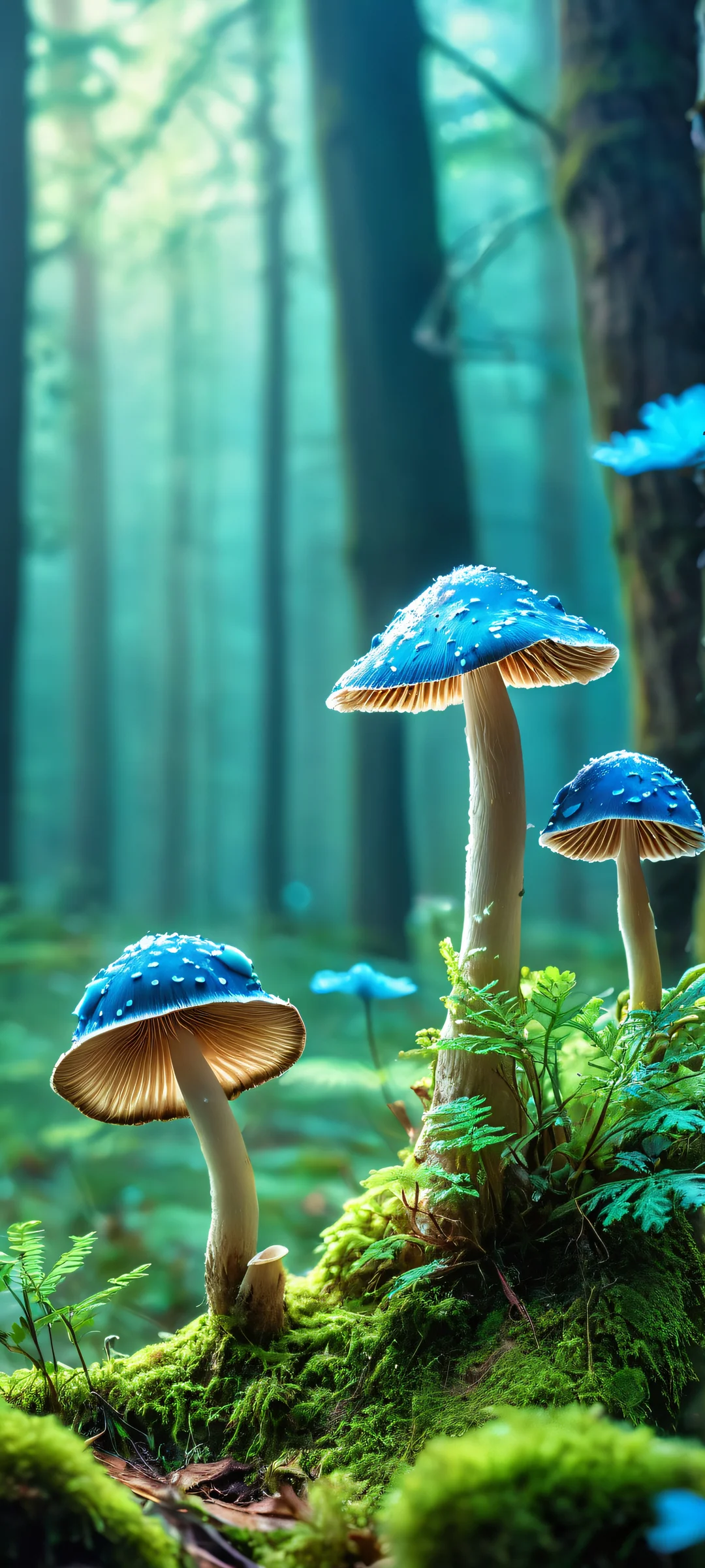 A surreal bioluminescent forest with vibrant green and blue mushrooms glowing under the night sky, perfect for iPhone/Android home screens.