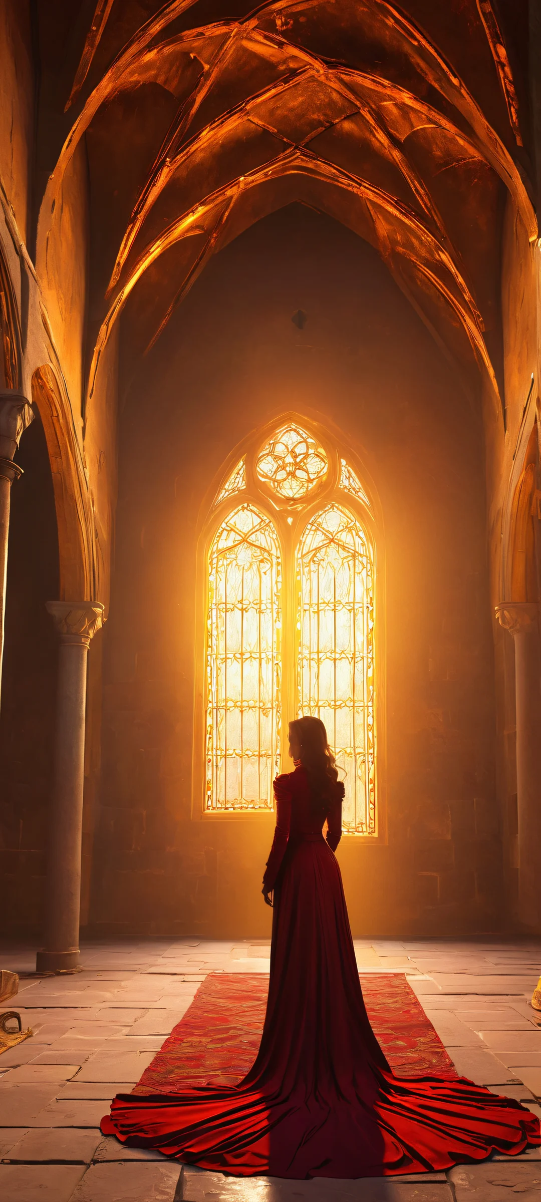 A mysterious figure stands amidst the shadows of an abandoned chapel, bathed in a warm golden glow. Perfect for iPhone and Android home screens.
