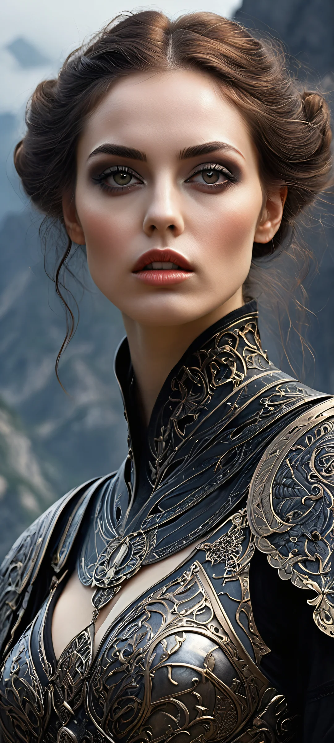 A mysterious woman in dark fantasy-inspired armor and accessories stands out against a void landscape on an iPhone/Android home screen.