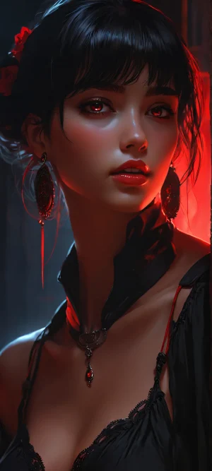 A beautiful dark-themed illustration of a mysterious girl against a red and black backdrop, perfectly optimized for iPhone/Android home screens.