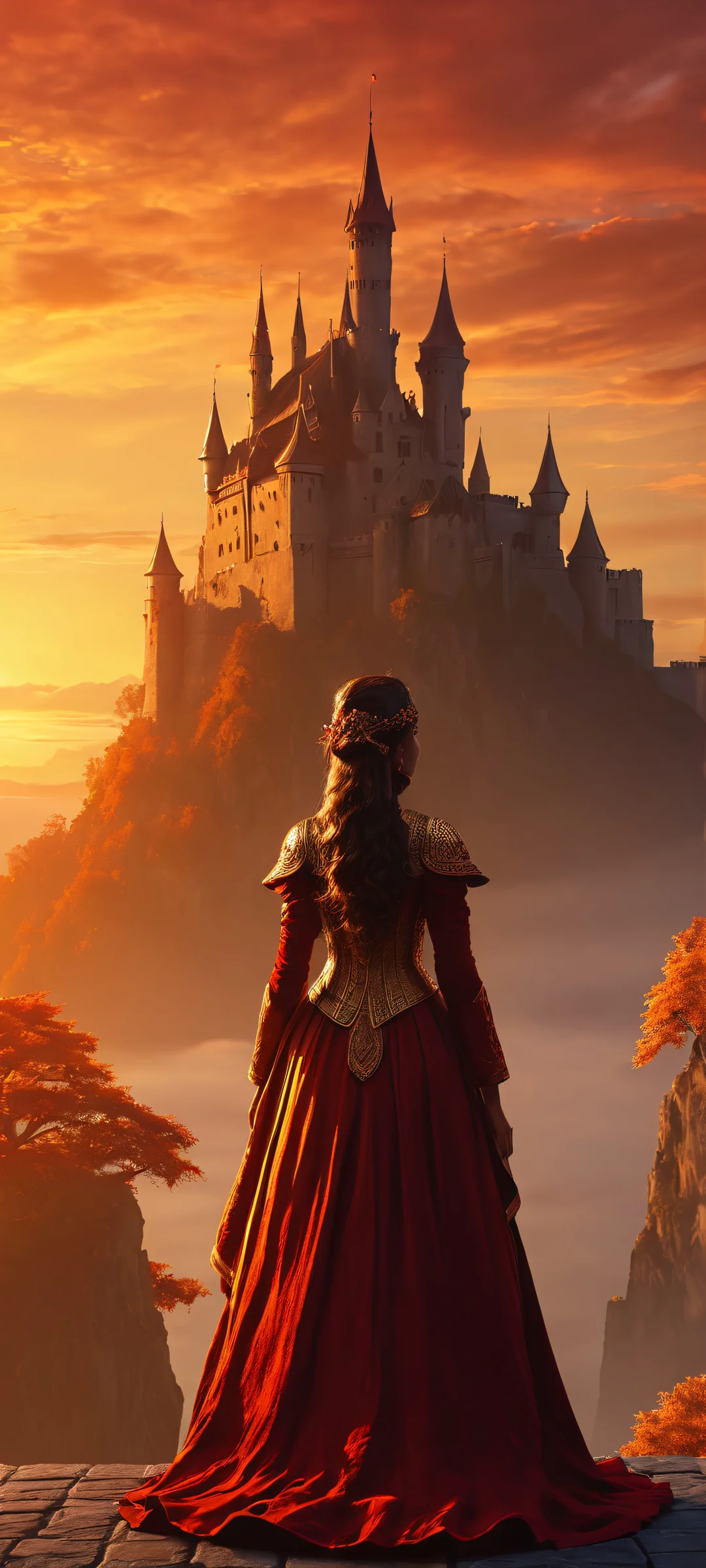A mystical figure stands guard in front of a dark castle illuminated by a golden glow. Perfect for iPhone or Android home screens.