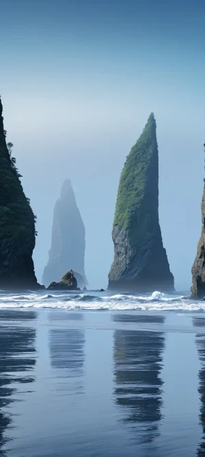 A serene illustration of Sea Stacks on a foggy beach, perfectly suited for iPhone and Android mobile phone backgrounds.