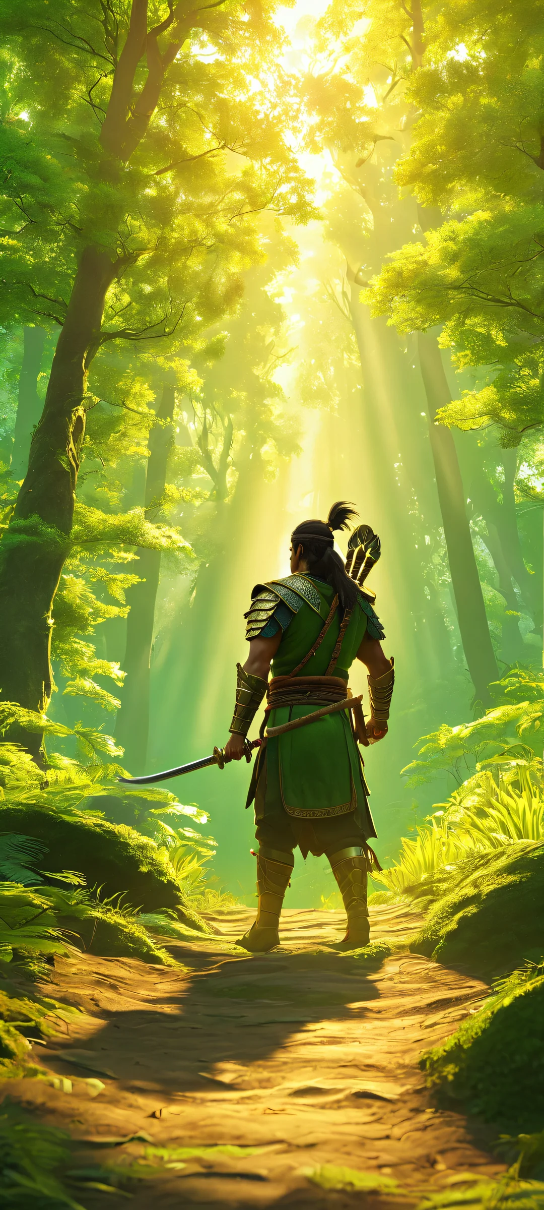 A majestic warrior stands amidst a vibrant forest at daybreak, perfectly optimized for iPhone and Android home screens.