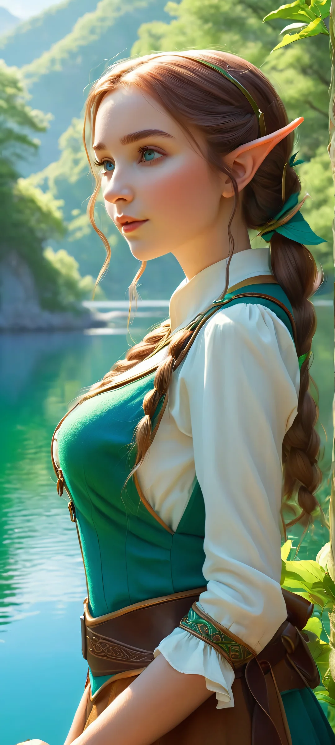 iPhone and Android wallpaper of a mystical elf girl sitting by a serene lake, surrounded by lush greenery, with natural light casting a warm glow.
