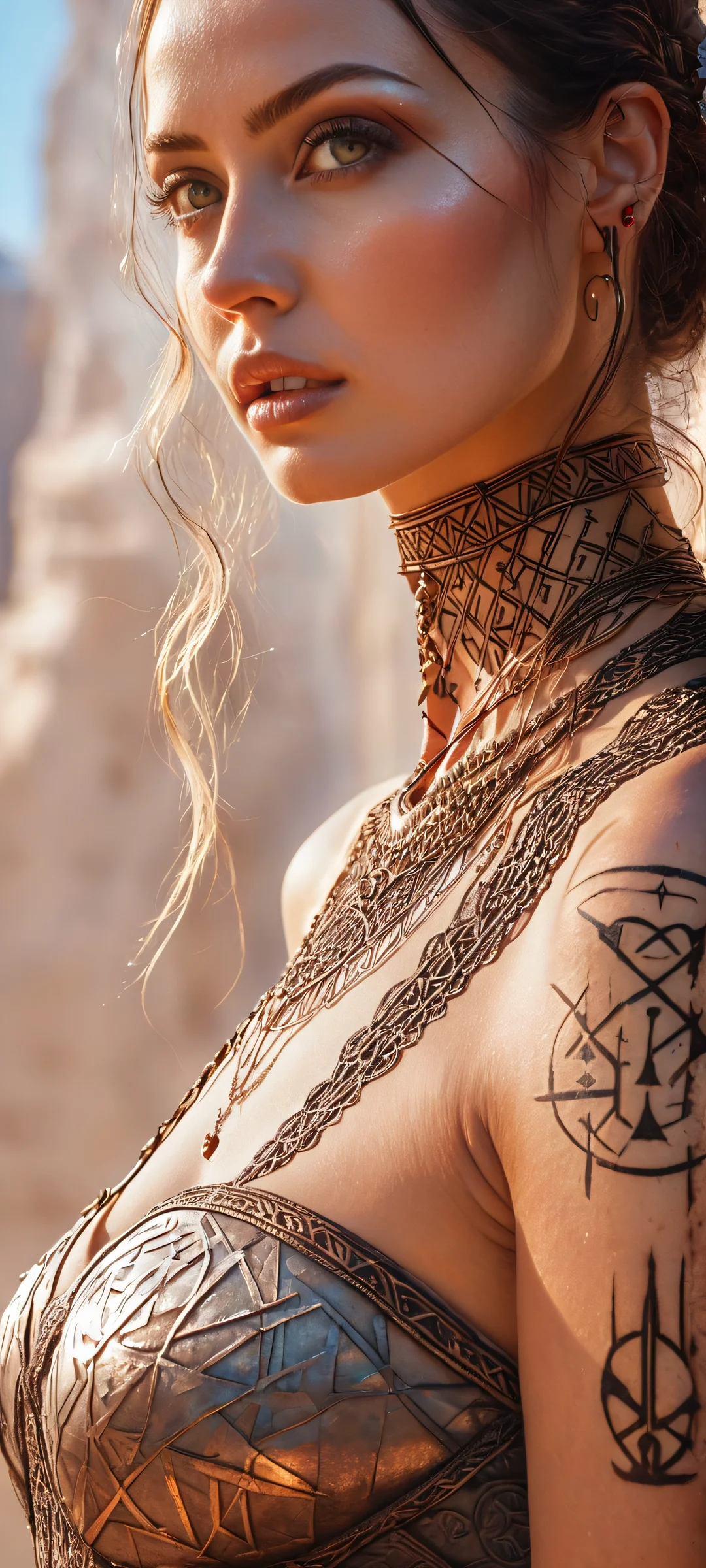 iPhone/Android users will be mesmerized by this stunning vertical portrait artwork of a mysterious woman, featuring intricate micro-details of ancient runes and mystical symbols etched into her skin.