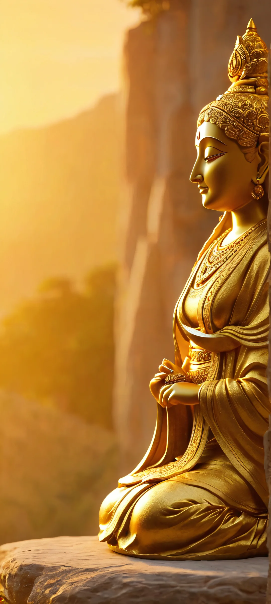 A majestic mystic figure stands before a stone dais bathed in warm golden light. Perfect for iPhone/Android home screens.