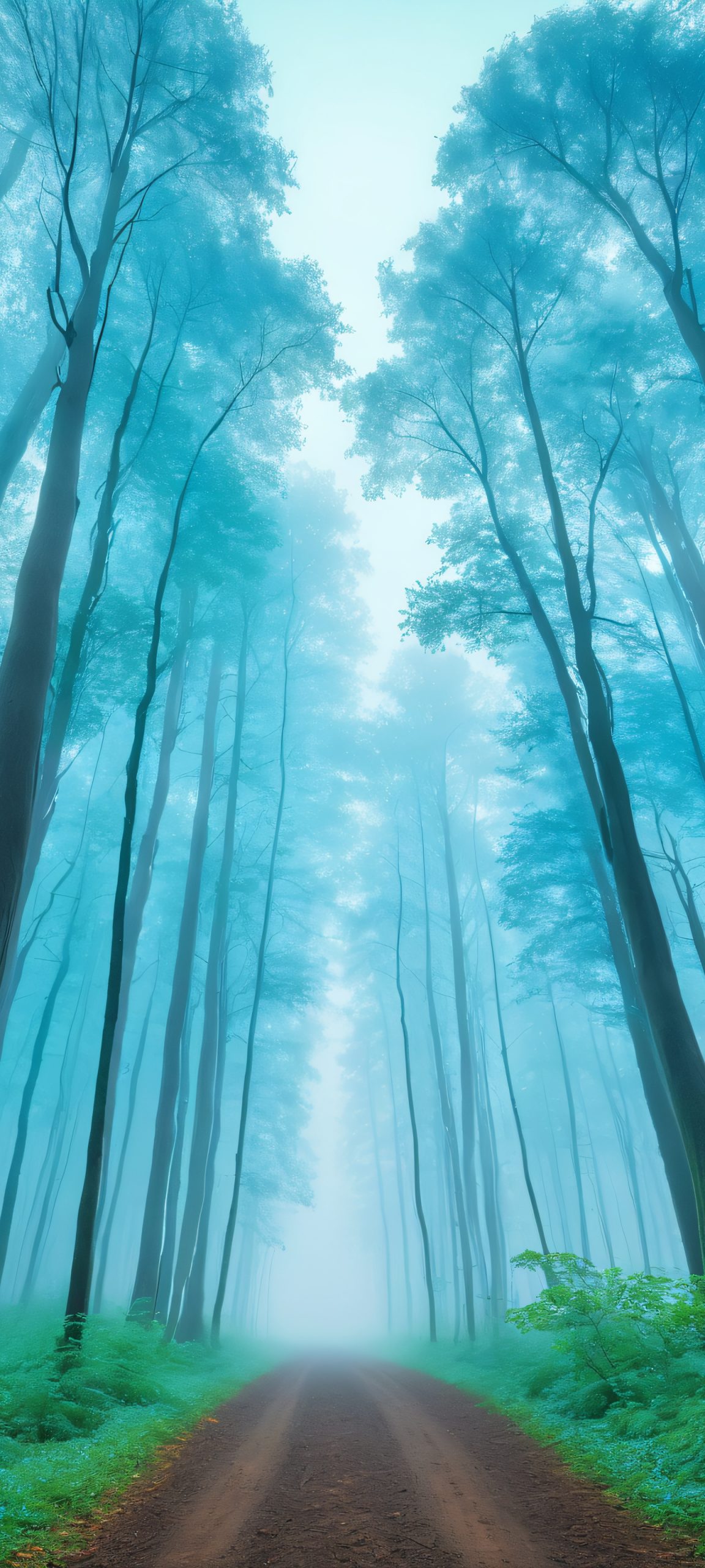iPhone/Android wallpaper of foggy forest trees with muted green and earthy brown tones.