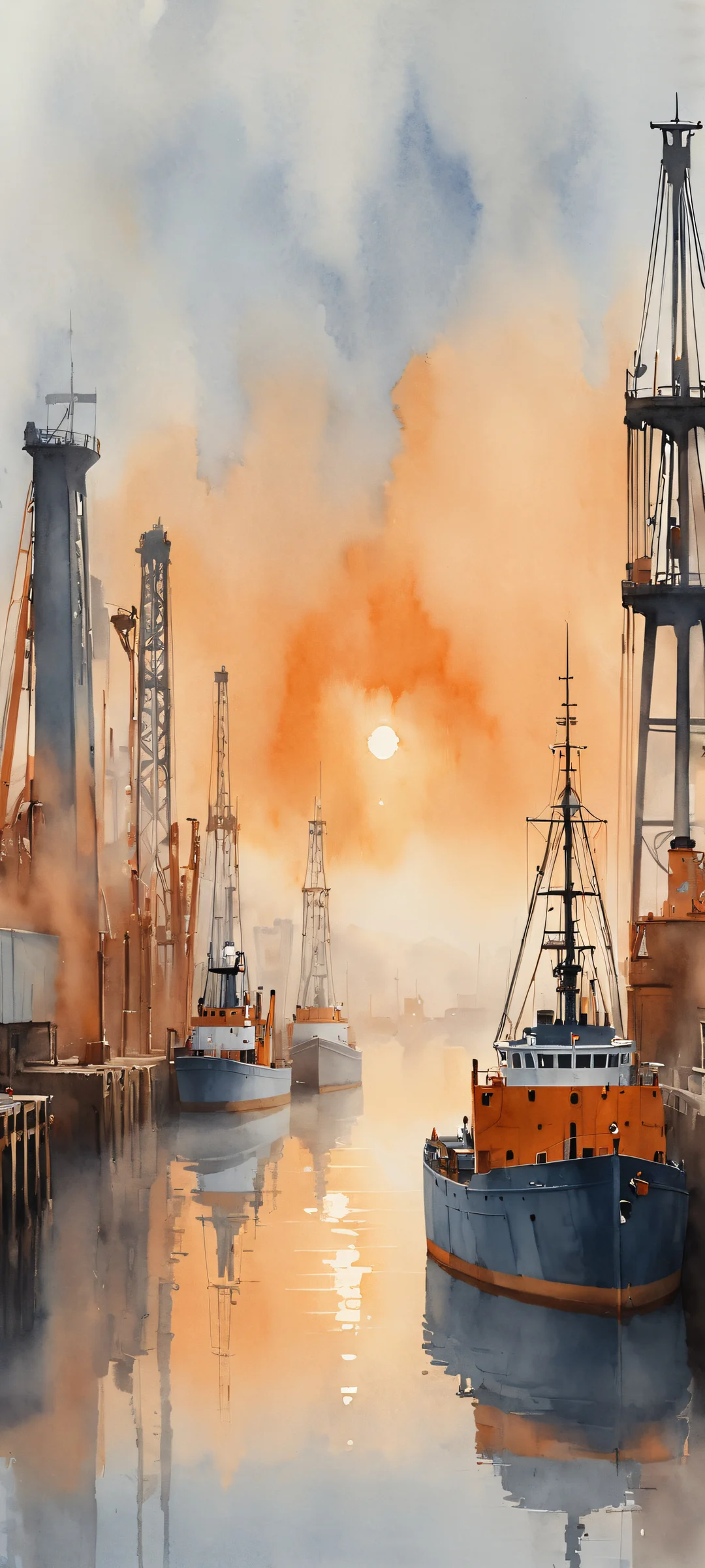 iPhone and Android mobile wallpaper featuring a mystical harbor scene with industrial elements, created using watercolor abstraction techniques. Hazy pale ochre and gray mist add to the dreamy atmosphere.