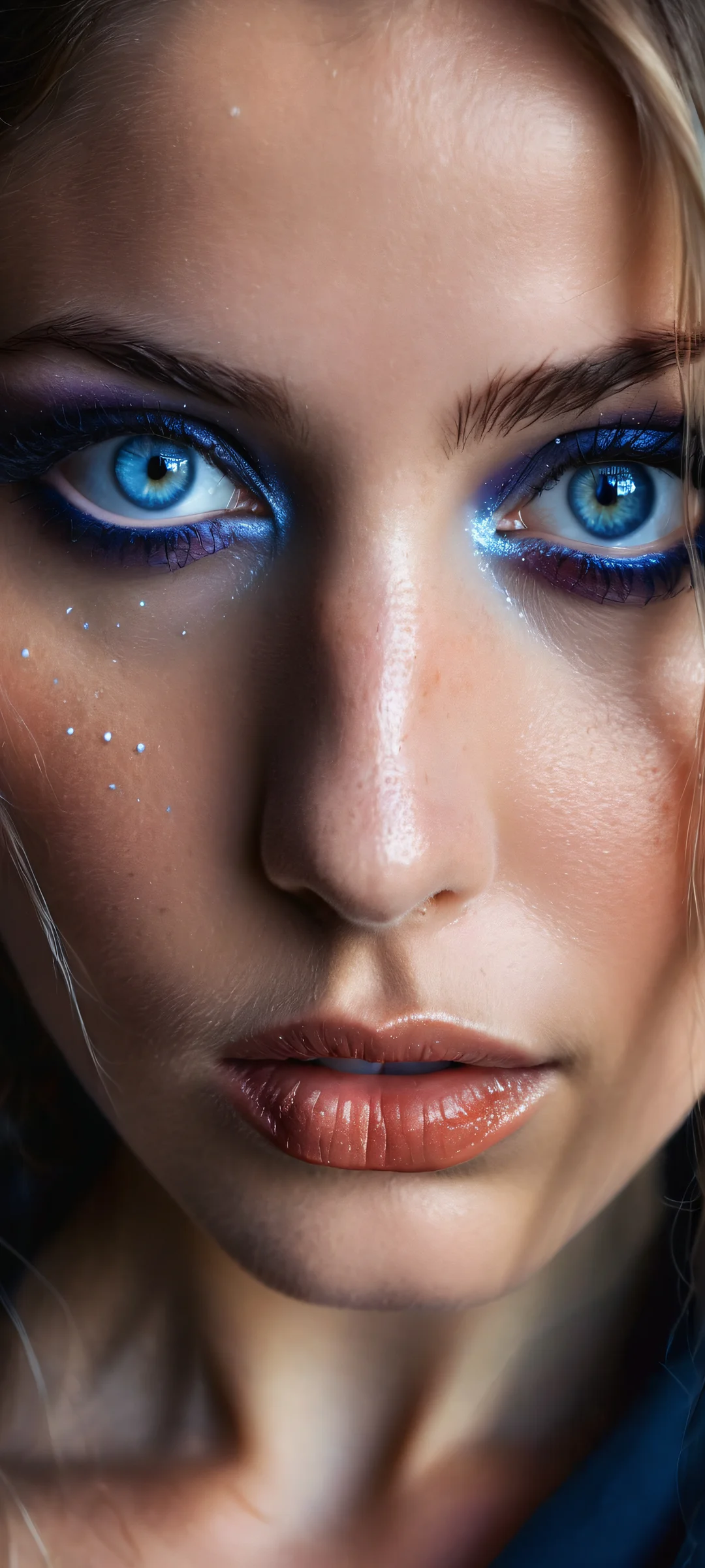 Mystic Maiden's Secrets QHD Smartphone Background Enigmatic maiden with piercing blue eyes and freckles on iPhone/Android, darkened background hinting at ancient secrets.