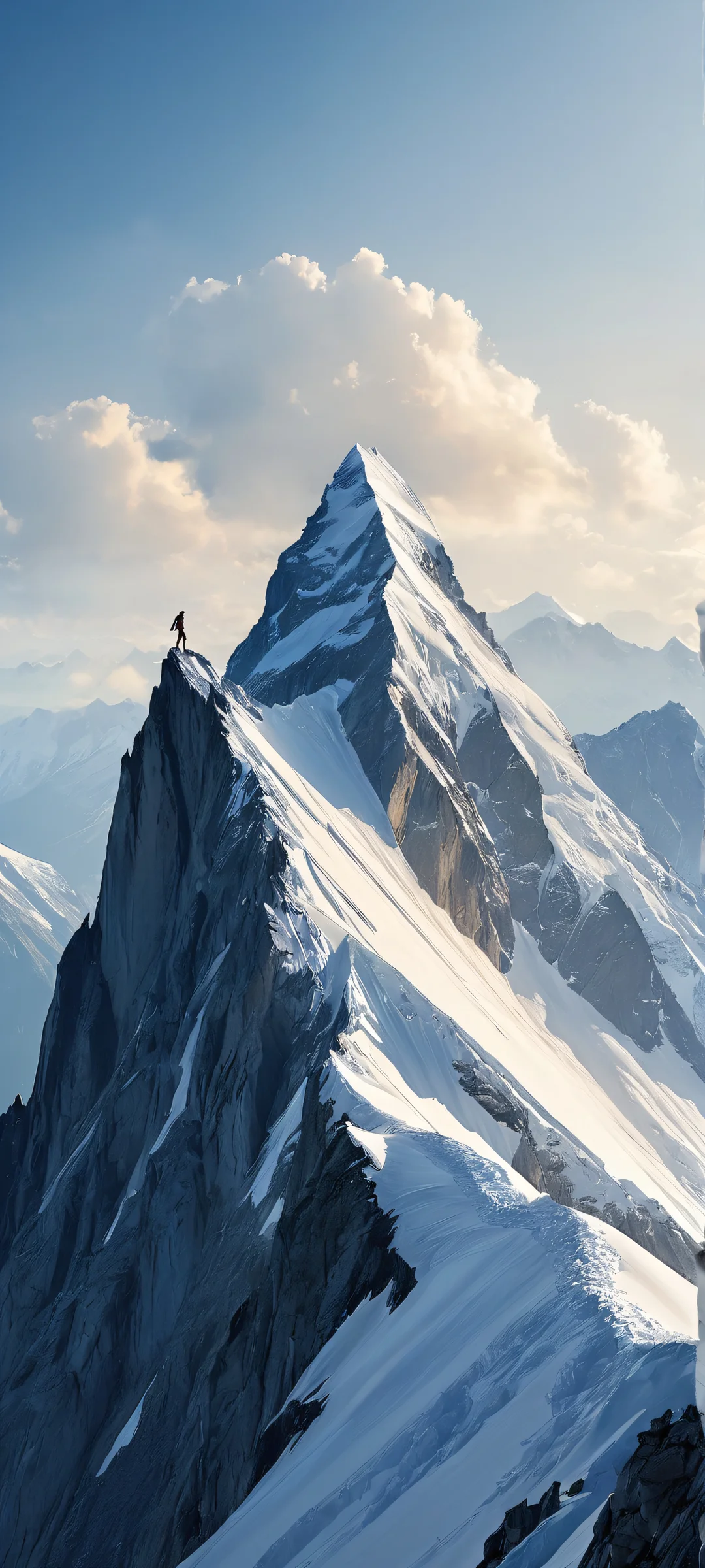 Breathtaking vertical mobile phone wallpaper of a girl at the foot of a majestic mountain peak, with volumetric lighting and stunning colors, perfect for iPhone/Android devices.