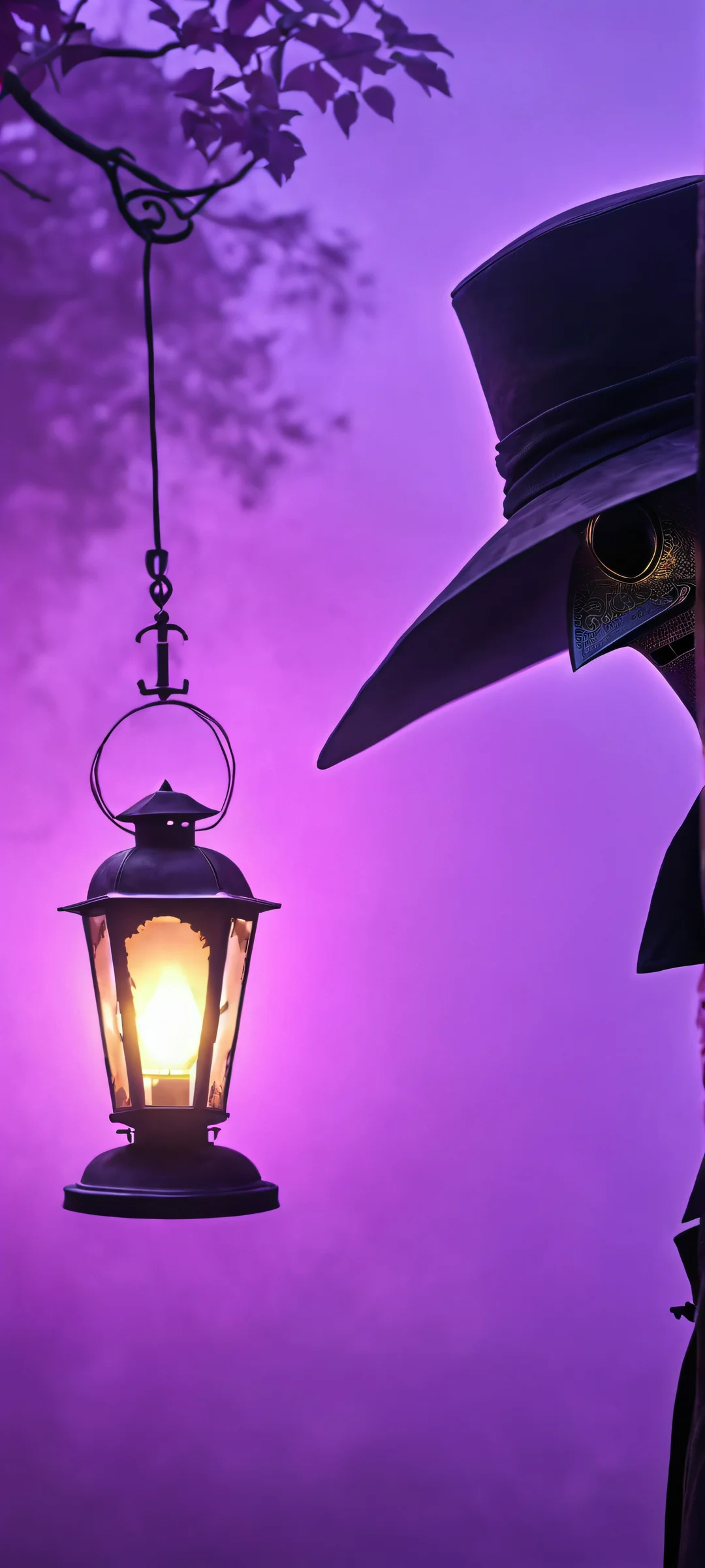 A hauntingly beautiful Plague Doctor stands amidst misty evening atmosphere, illuminated by a lantern. Perfect for iPhone and Android home screens.