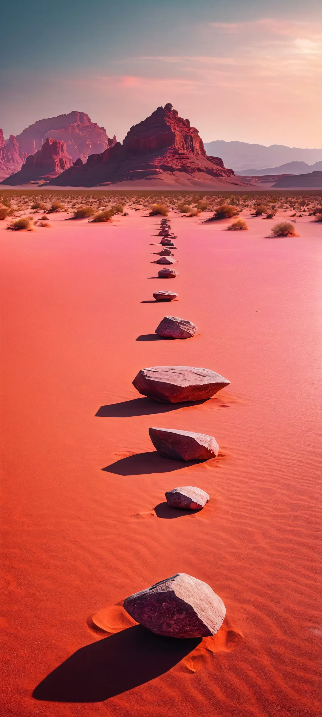 Mystic Rockscapes iPhone & Android Wallpaper Floating geometric rocks against a moody desert backdrop, perfect for iPhone and Android phone screens