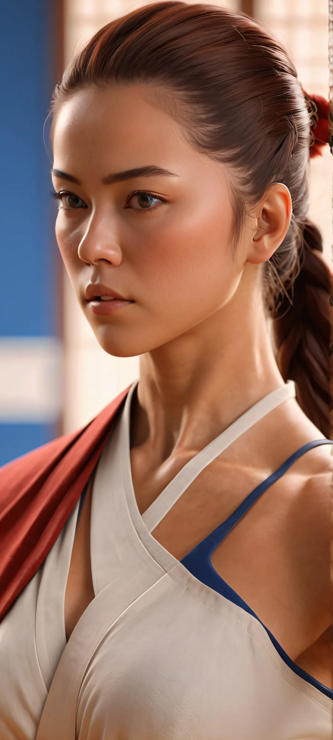 Female warrior training in a serene dojo - perfectly suited for iPhone and Android home screens.