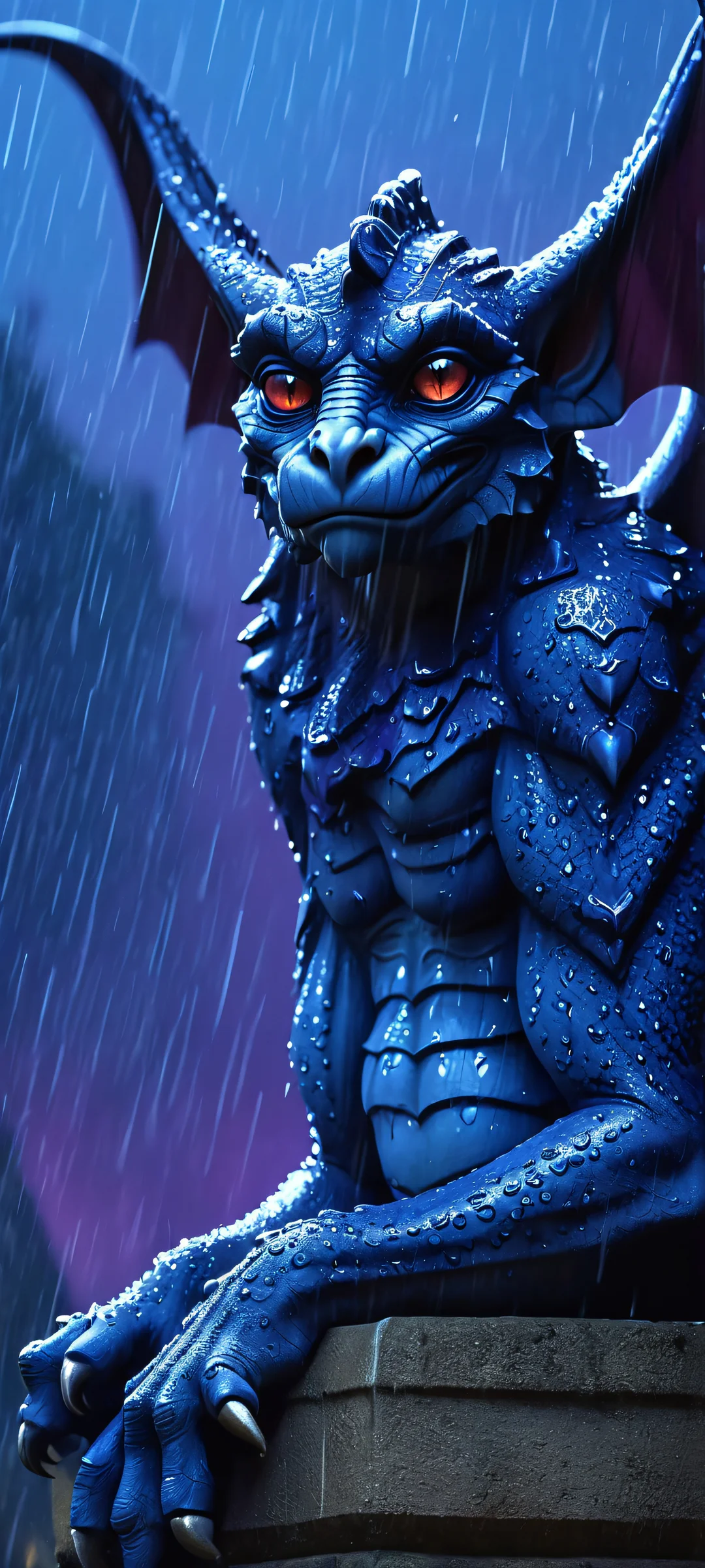 A stunning gargoyle silhouette against a mystical glow on a rainy night, perfectly suited for iPhone and Android home screens.