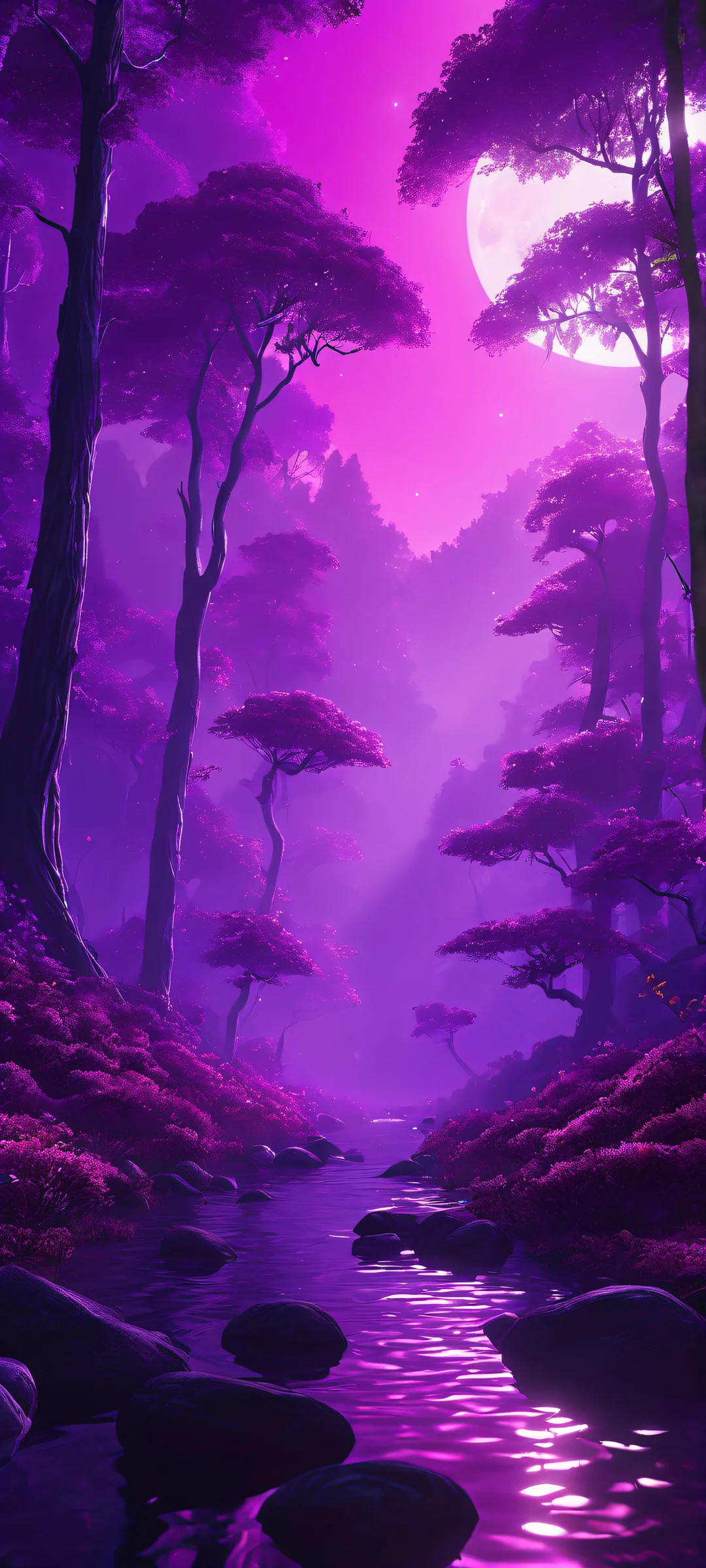 A mystical forest at dusk, illuminated by a dynamic purple aura. Perfect for iPhone and Android home screens.