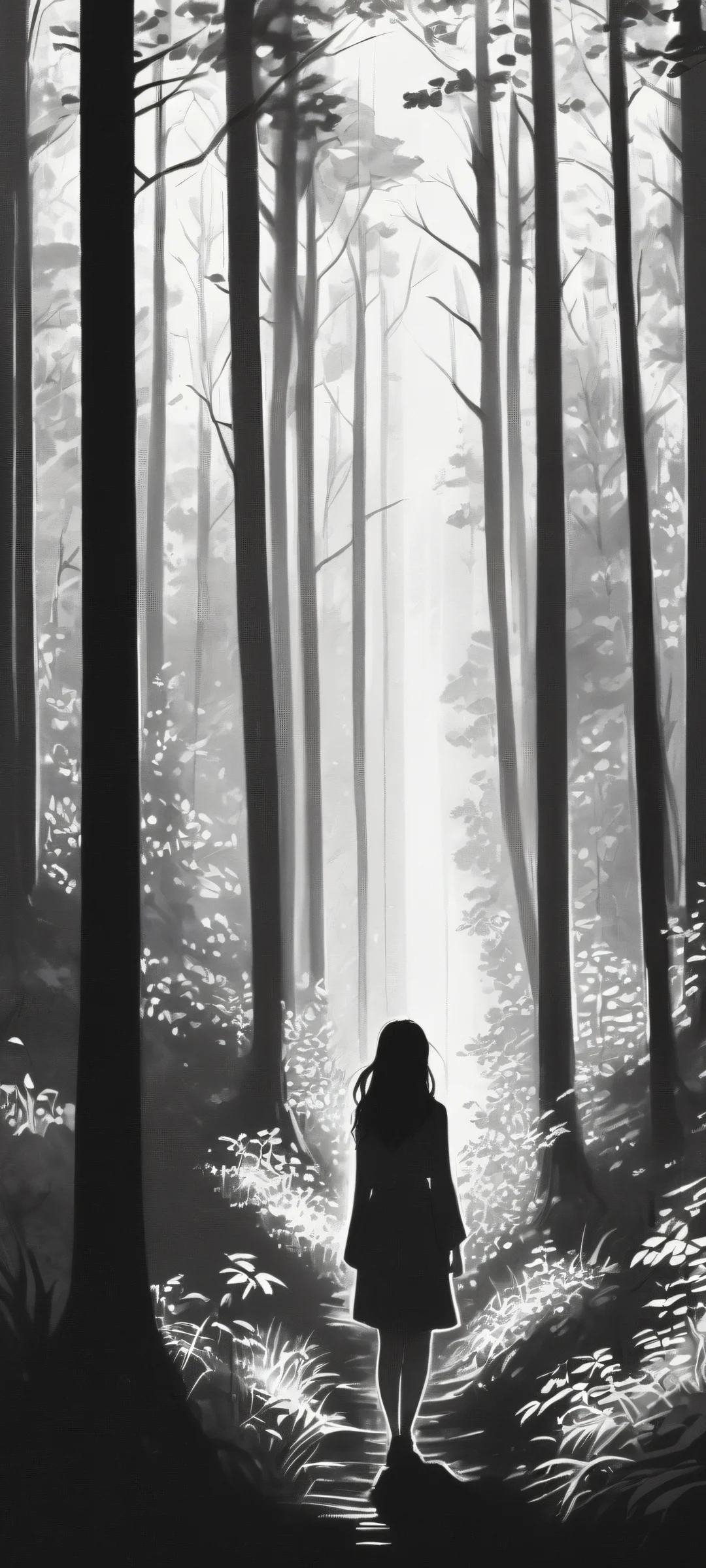 A mystical girl whispers secrets beneath a glowing forest canopy, perfect for iPhone and Android screens.