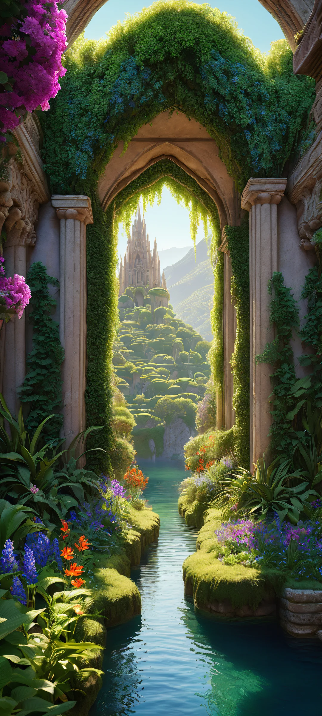 iPhone/Android stunning mobile wallpaper featuring mystical architecture and vibrant flora. Perfectly clean top half with pure void, extreme depth of field, and serene background.