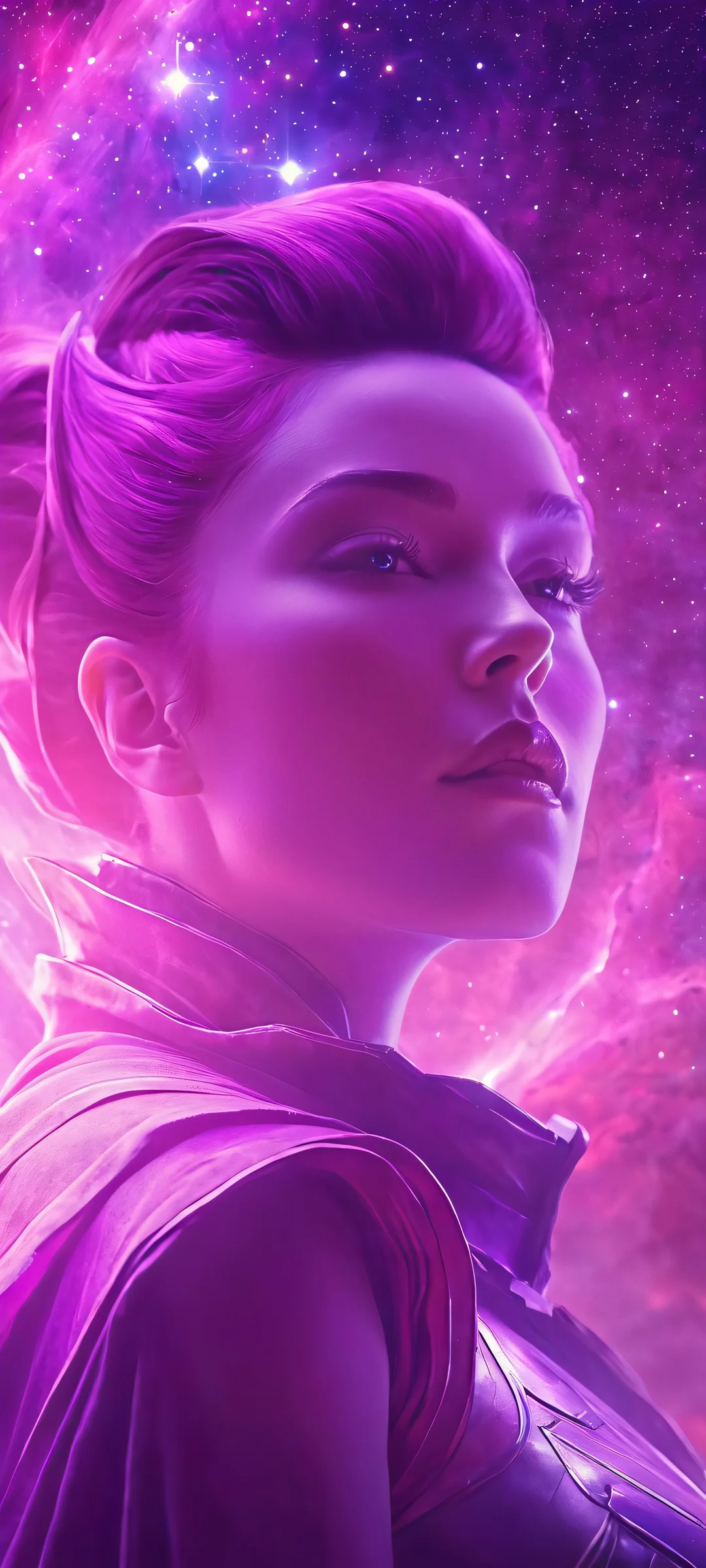 Enchanting double exposure of a sorceress amidst a nebula's soft pink and purple hues, perfectly suited for iPhone and Android home screens.