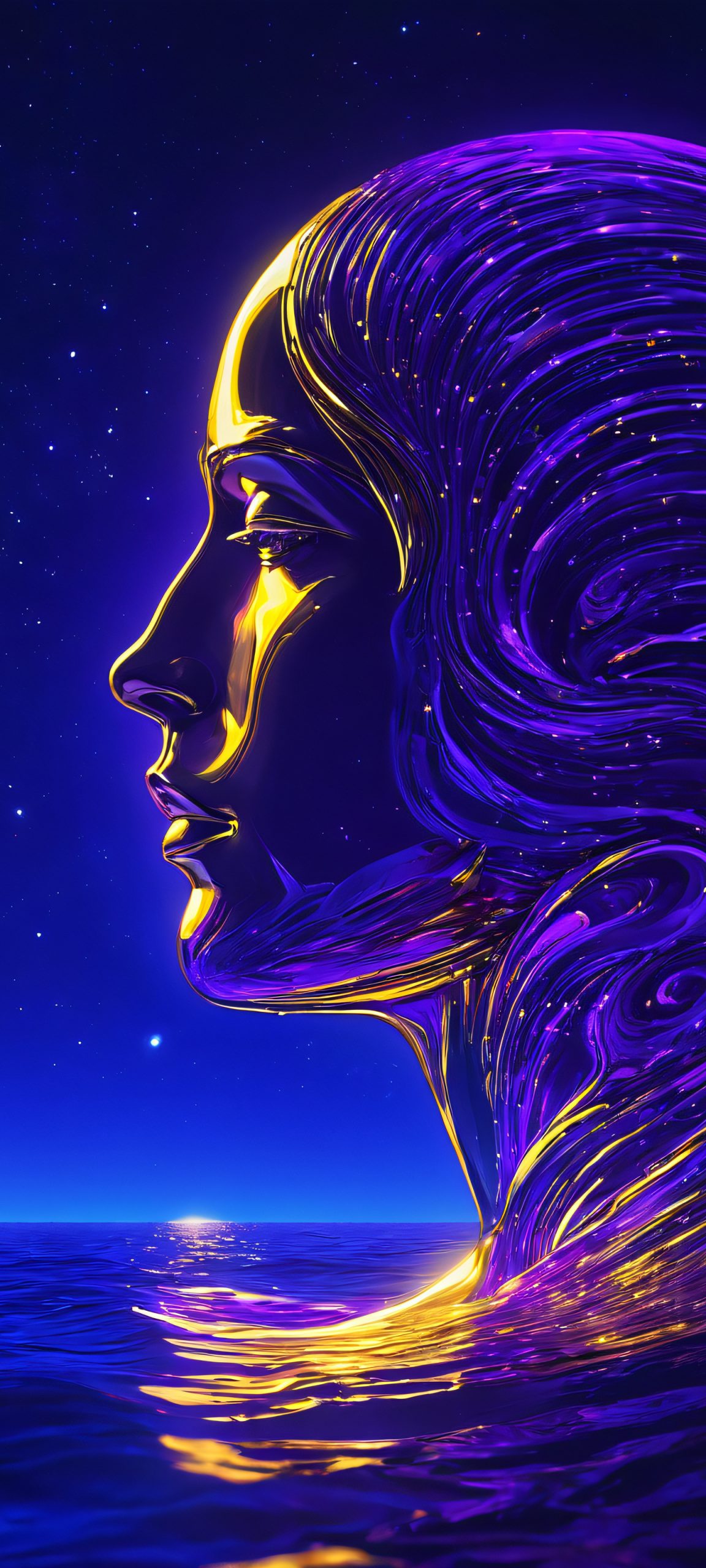 iPhone and Android user's delight: A surreal human head aglow against a majestic night sea, featuring deep blues, purples, and golden hues.