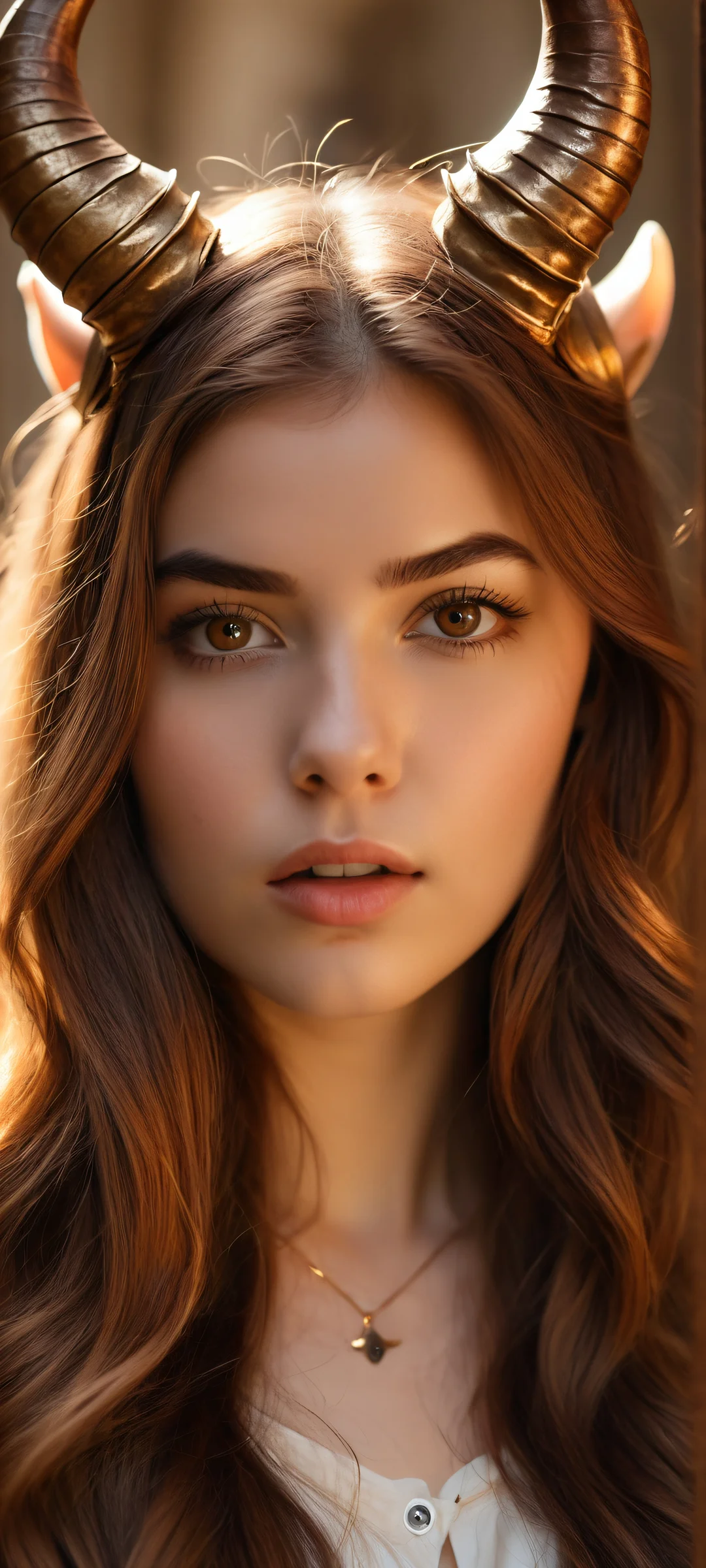iPhone/Android wallpaper of a beautiful girl with horns, surrounded by micro-detailed brown hair and pointy ears, against a clean top background perfect for UI clock.