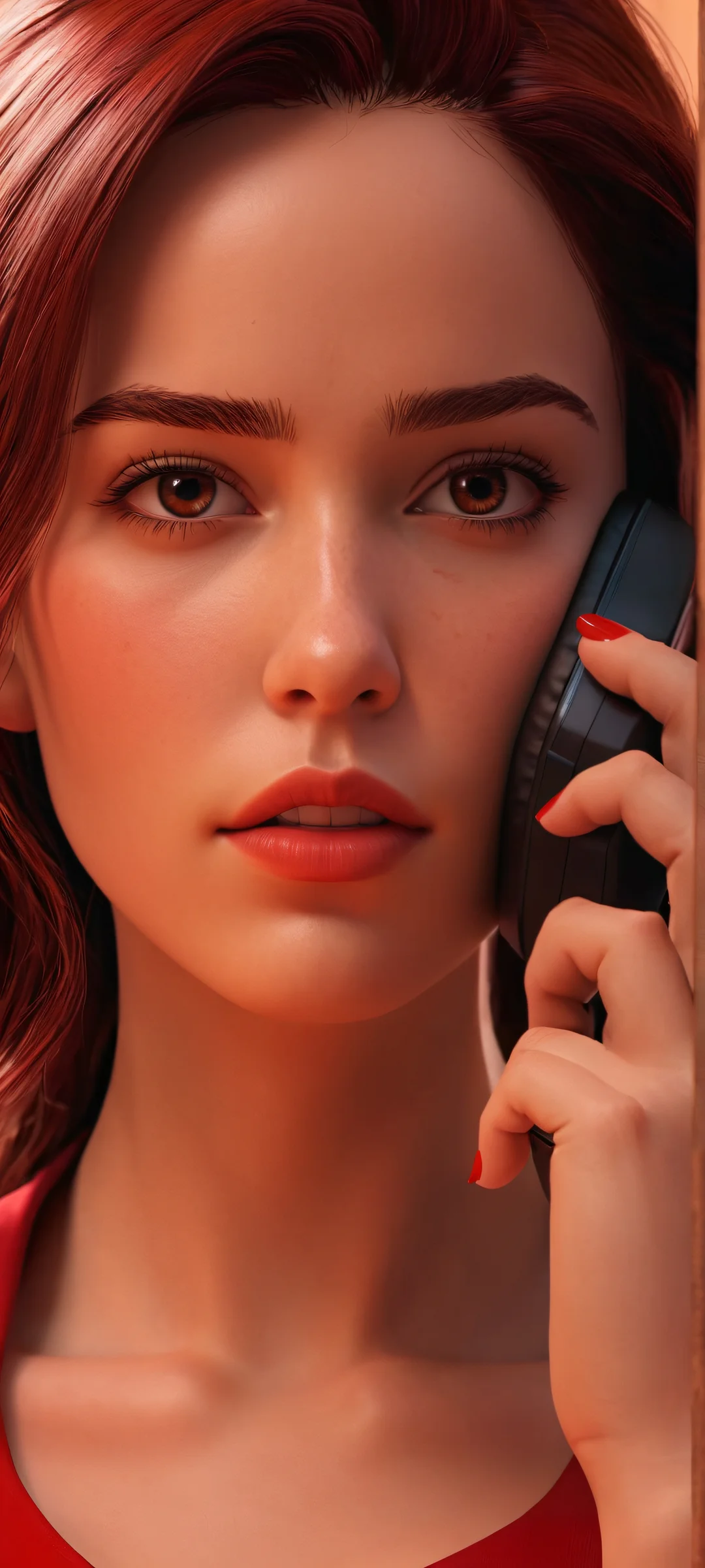 A beautiful female character indoors, surrounded by soft/harsh red hues, perfectly optimized for iPhone and Android home screens.